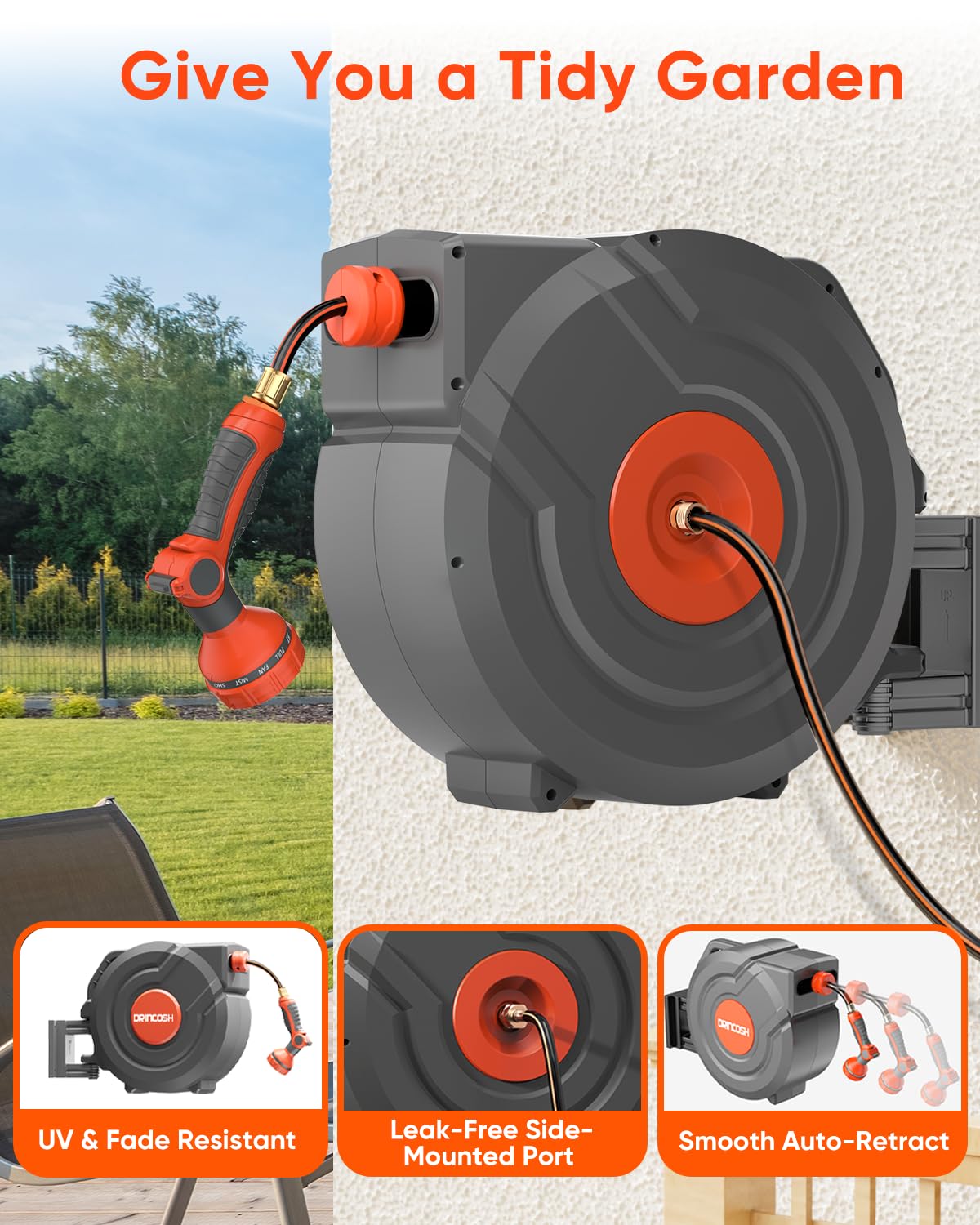 Retractable Garden Hose Reel 90 ft 5/8 inch Automatic Rewind with Any-Length Lock 9 Pattern Nozzle Sprayer 180° Swivel Wall-Mounted Hose Reel for Home Yards