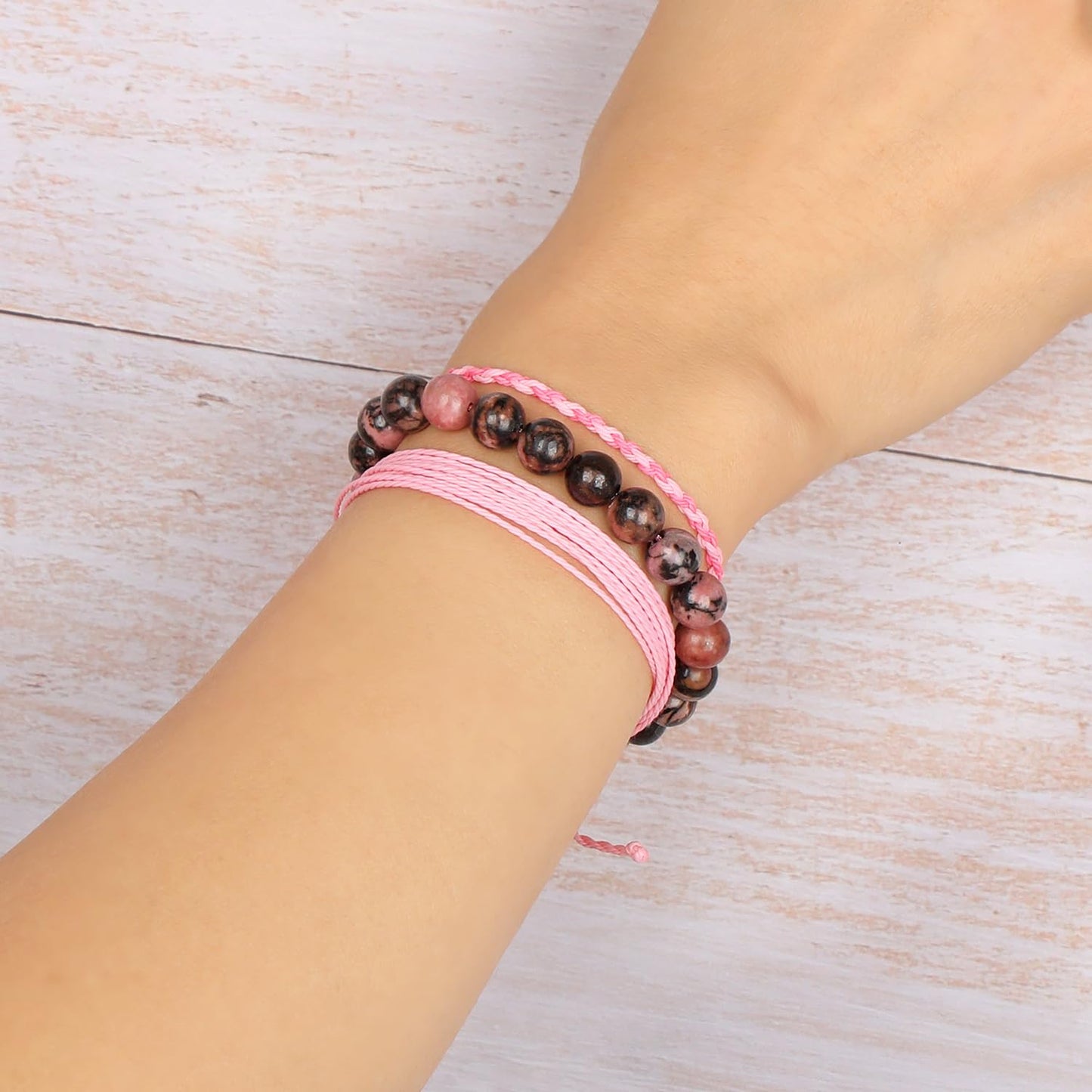 QOGIR Handmade Healing Stones Bracelet,8mm Natural Black Rhodonite Gemstone Beads Bracelet,for Men Women Gifts with 2PCS Size Adjustable Rope Bracelets