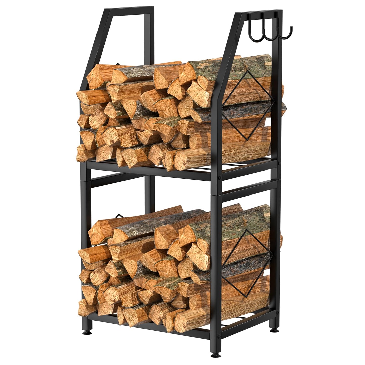 VyGrow Firewood Rack for Indoor, 2-Tier Firewood Holder with 3 Hanging Hooks, Heavy Duty Wood Rack for Outdoor Patio, Black