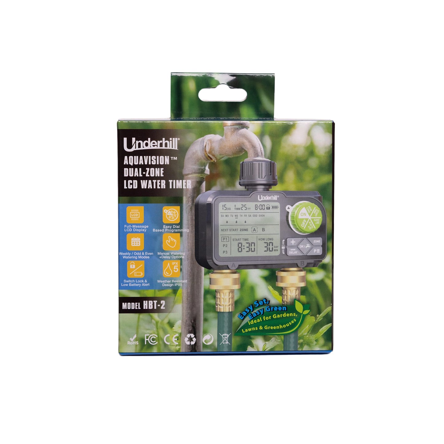 Underhill AquaVision Digital Hose Timer, Dual Zone Automatic Garden Water Timer with LCD Display, Programmable Irrigation Controller for Sprinklers, Drip Systems & Garden Hose Faucets