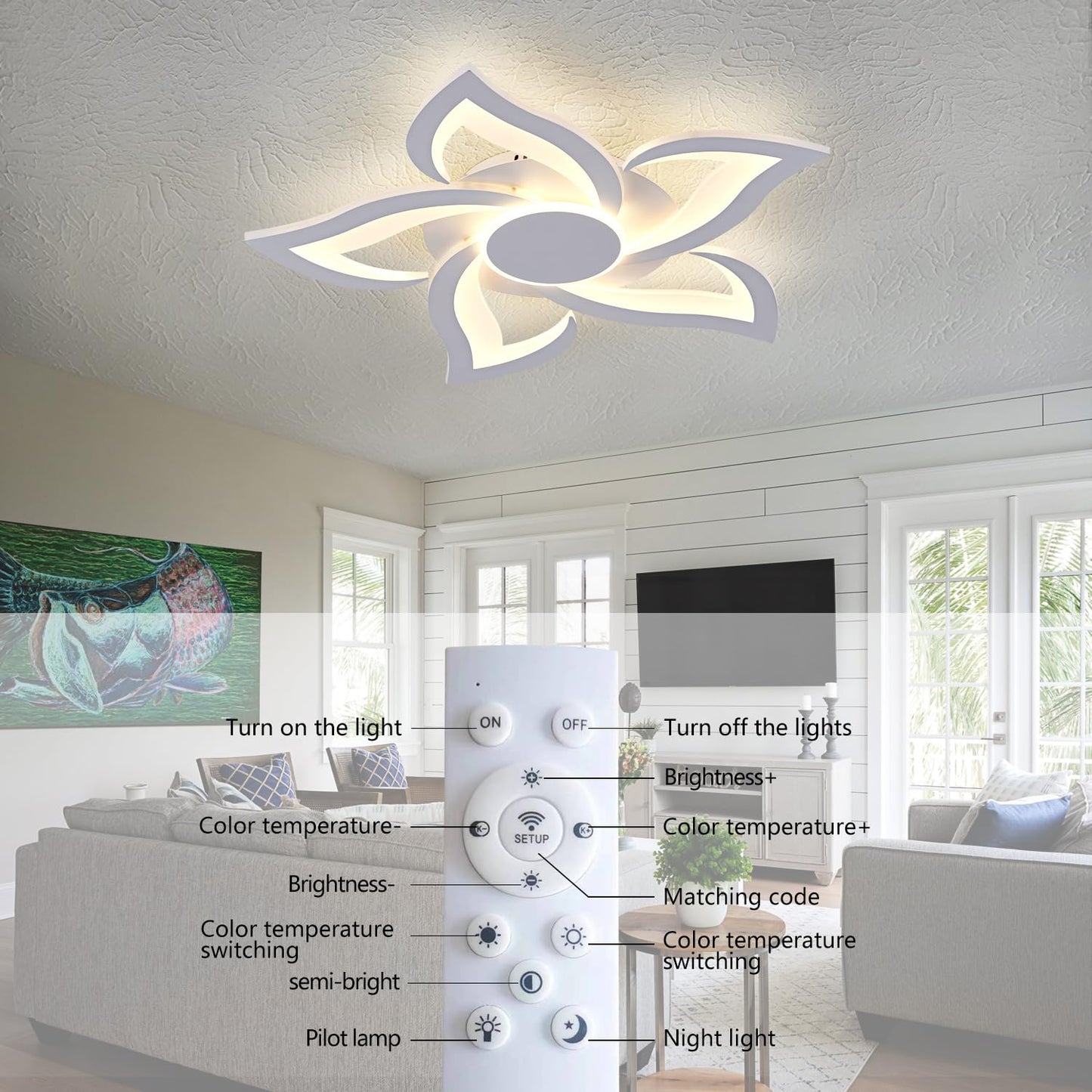 HuixuTe 24" Modern Geometric Ceiling Light Fixture, White Dimmable 3 Colors LED Close to Ceiling Light Fixtures with Remote, Low Profile Flush Mount Ceiling Light for Kitchen, Living Room