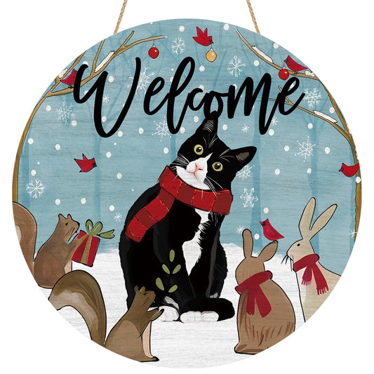 YINENA Winter Welcome Cat Door Sign Cardinal Rabbit Wood Door Hanger for Outdoor Outside Porch Seasonal Winter Christmas Farmhouse Wooden Indoor Wall Hanging Decoration