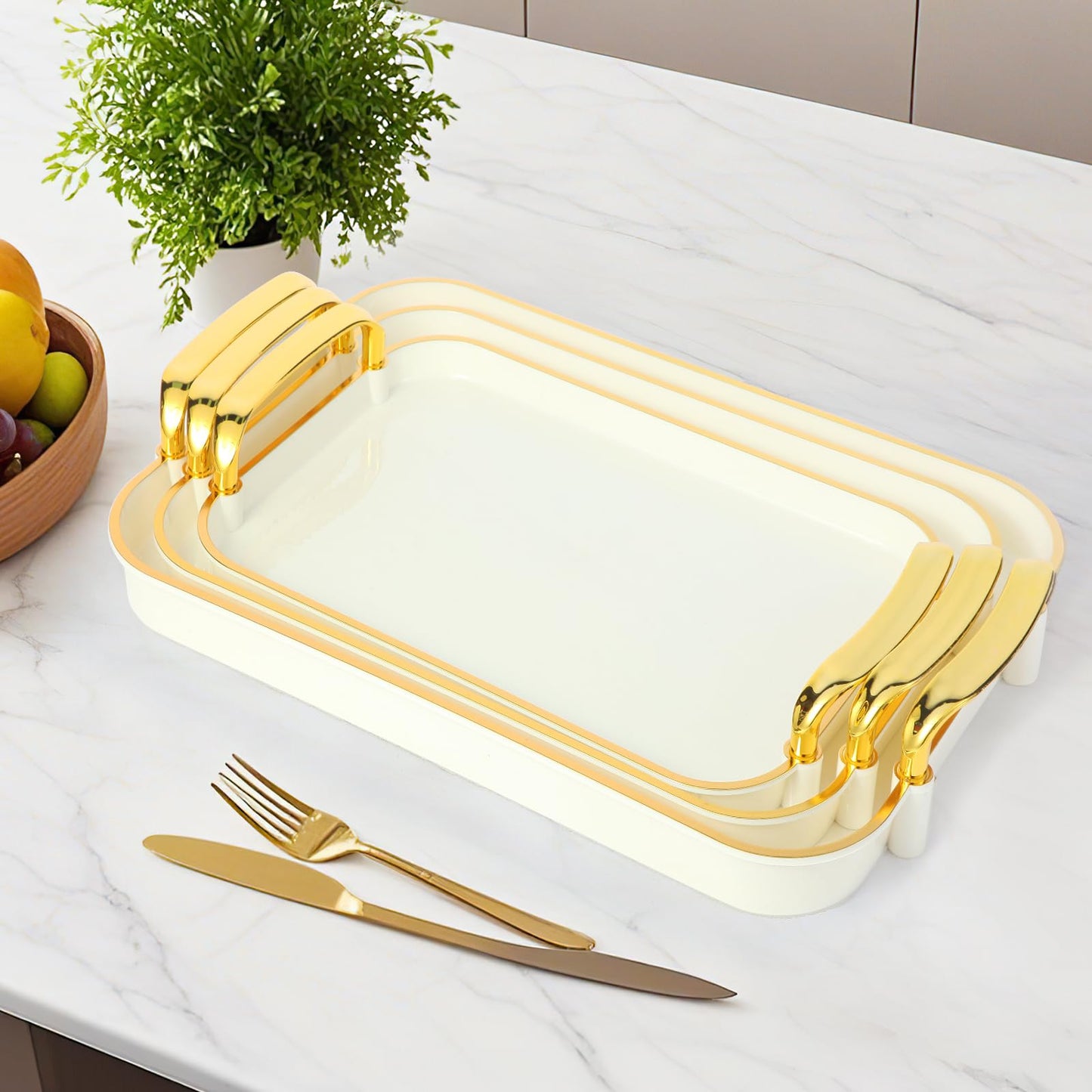 Zufudo 3 Pack Serving Tray with Handles, Stackable Reusable Trays for Serving Food, Plastic Serving Platters for Party, Charcuterie, Fruit, Appetizer, Cream Gold
