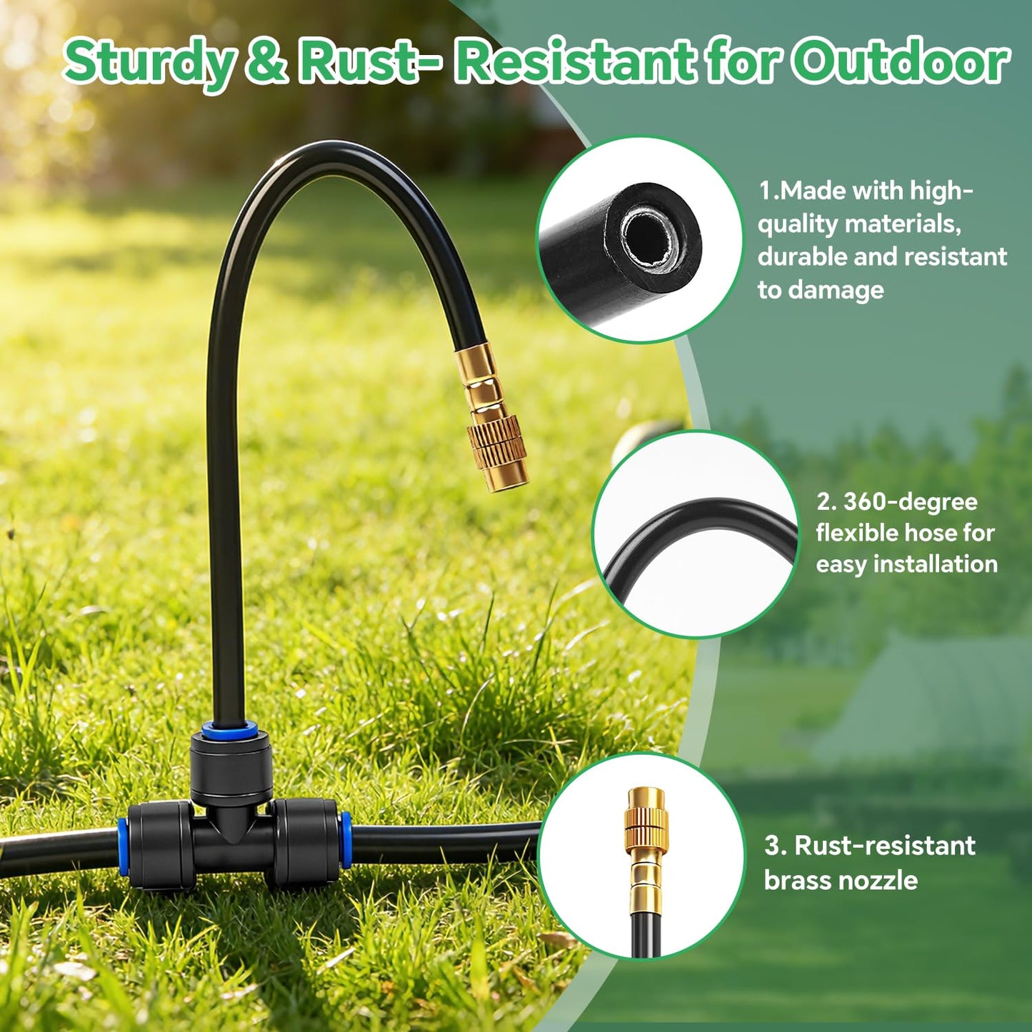 120Ft 1/4" Drip Irrigation System for Garden – 23 Adjustable Copper Nozzles, Automatic Atomizing Sprinkler System for Outdoor Plants Raised Bed, Yard, Potted Plants & Lawn