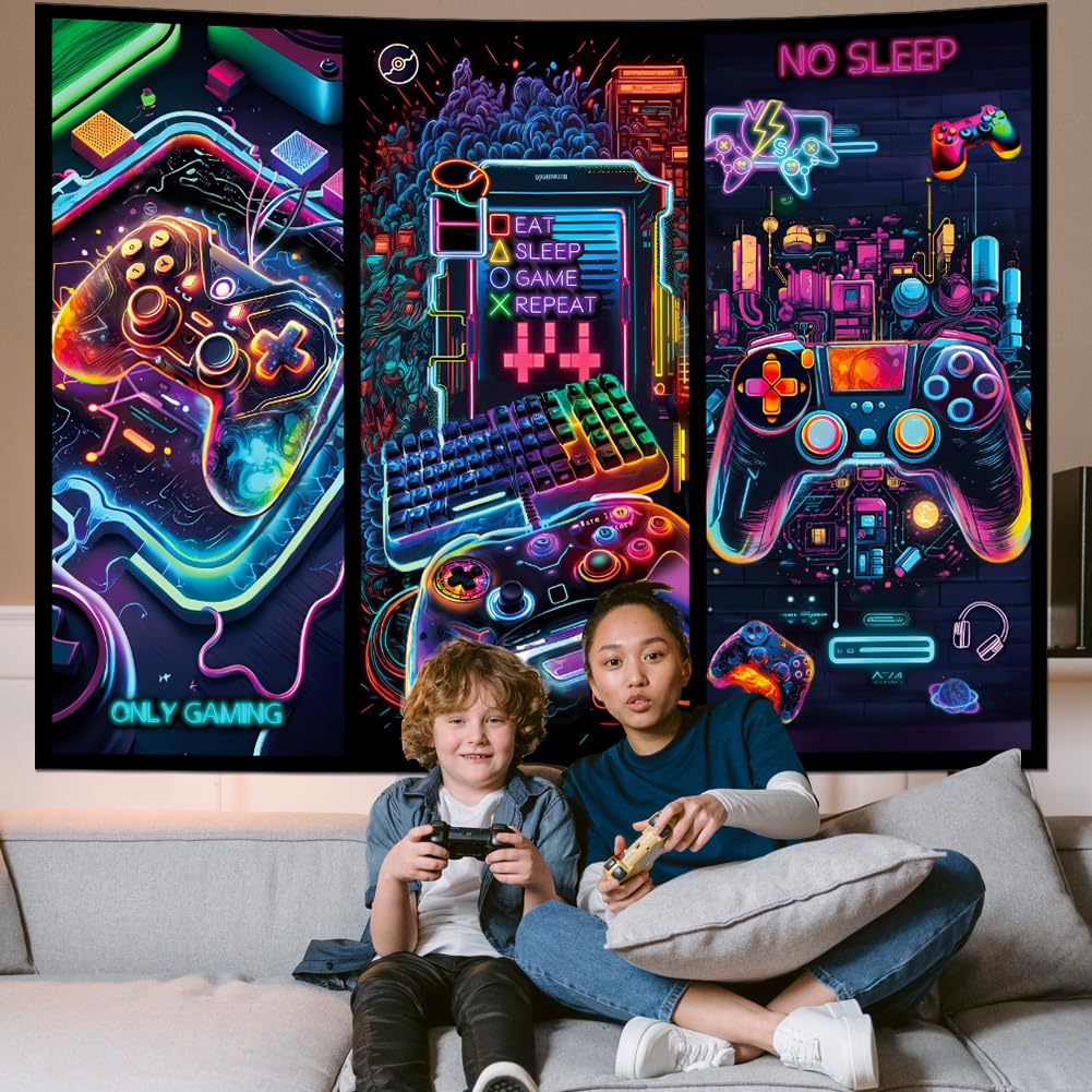 Galoker Blacklight Gaming Tapestry Cool Neon Game Controller Tapestry UV Reactive Gamer Player Wall Tapestries Funny Art Gaming Poster Tapestries Wall Hanging for Home Decor