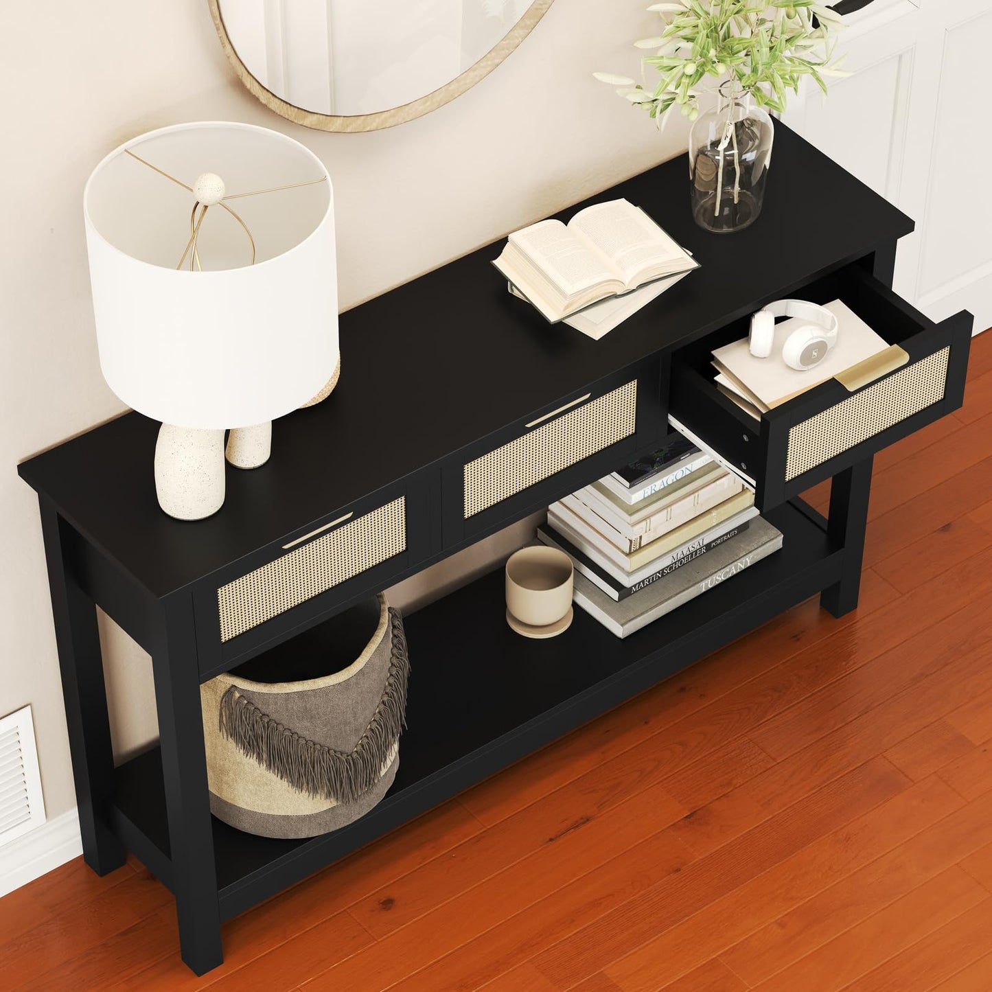 Luoxiao 47" Entryway Table with 3 Rattan Drawers, Narrow Console Table with Storage Shelf, Modern Black Slim Sofa Table for Living Room Hallway Foyer, Boho Entry Way Table, Anti-Tip, Easy Assembly