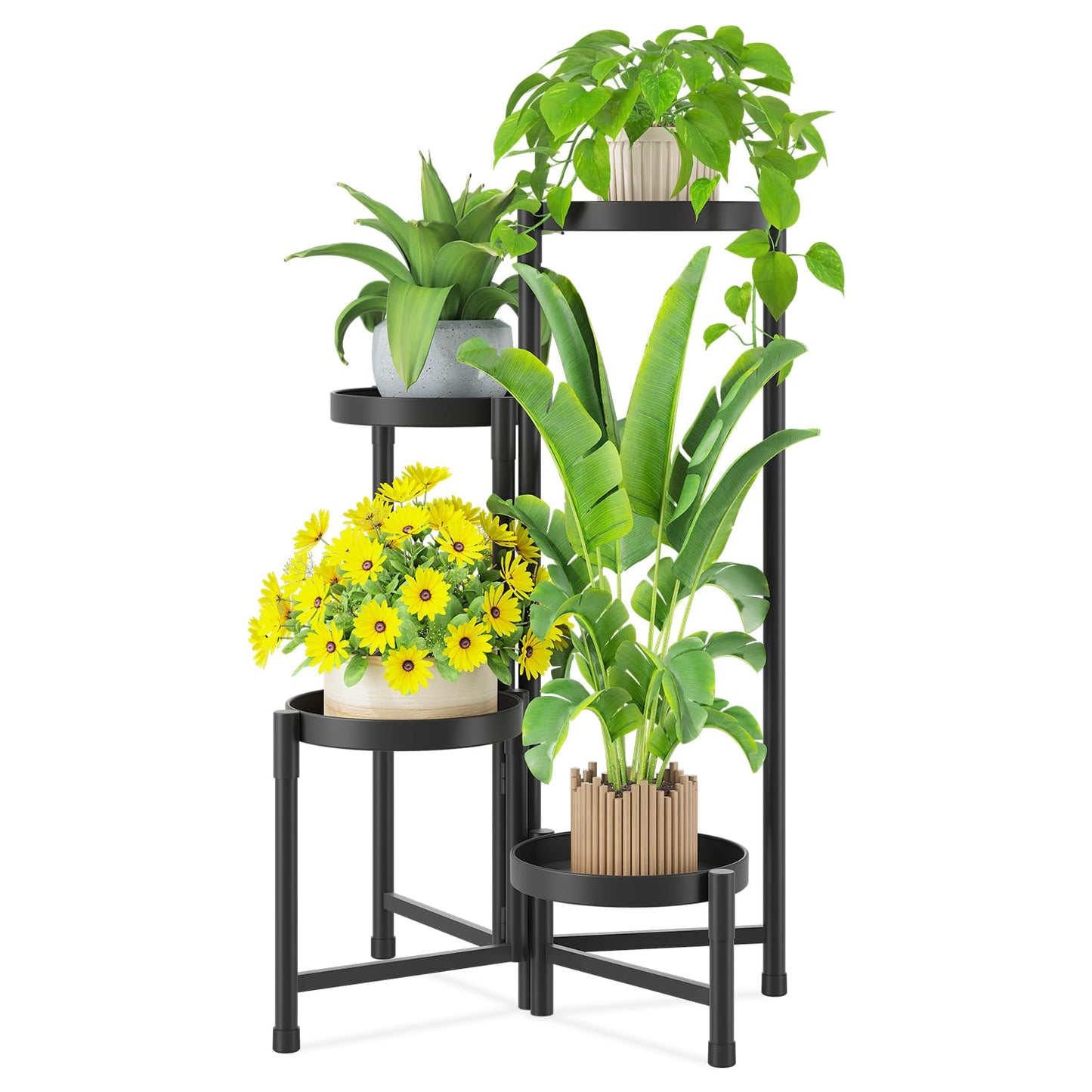 iDavosic.ly Plant Stand Indoor Outdoor, 4 Tier Corner Metal Flower Display Holder Shelf, Folding Tall Orchid Rack for Patio Balcony Porch Garden Living Room House, Black