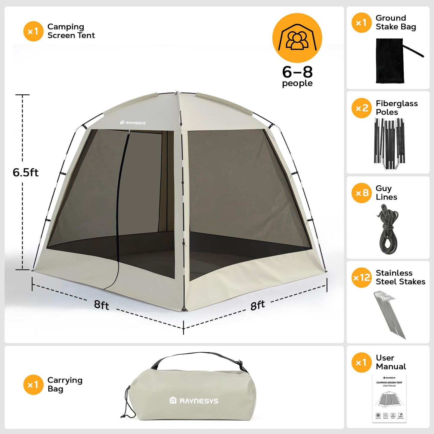 8 × 8ft Camping Screen Tent for 6-8 People, Easy Setup House Tent with 8 Ground Stakes & 4 Windproof Ropes, Portable Screened Canopy with Mosquito Net for Outdoor, Patios, Backyard, Beige