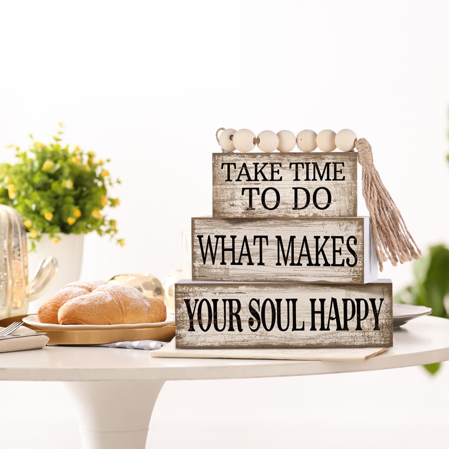 Yuntau 4 Pcs Farmhouse Tabletop Decoration Inspirational Farmhouse Tiered Tray Decor Rustic Retro Wood Bead Garland Take Time to Do What Makes Your Soul Happy Block Centerpiece Sign for Home Shelf