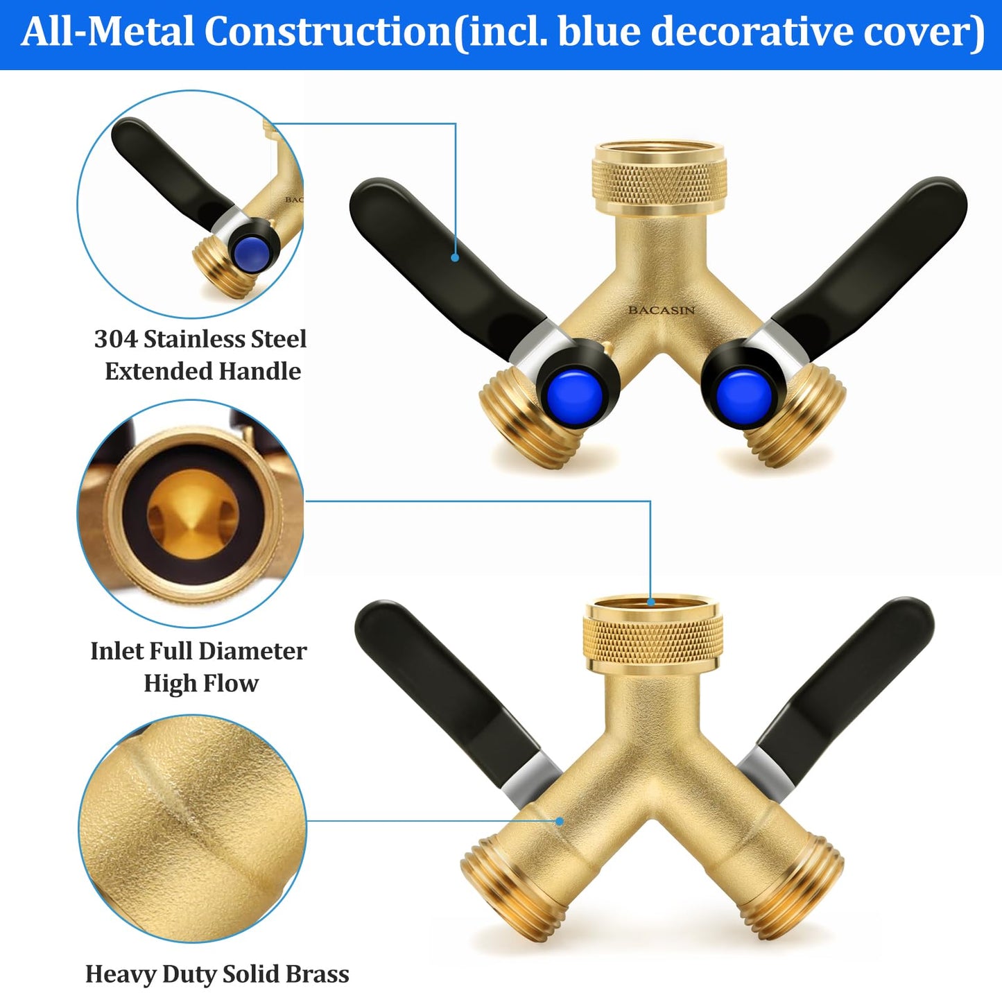Brass Hose Splitter 2 Way Heavy Duty, Garden Hose Splitter with 304 Stainless Steel Long Handle, Brass water hose splitter 2 Way Y Valve 3/4" GHT Thread