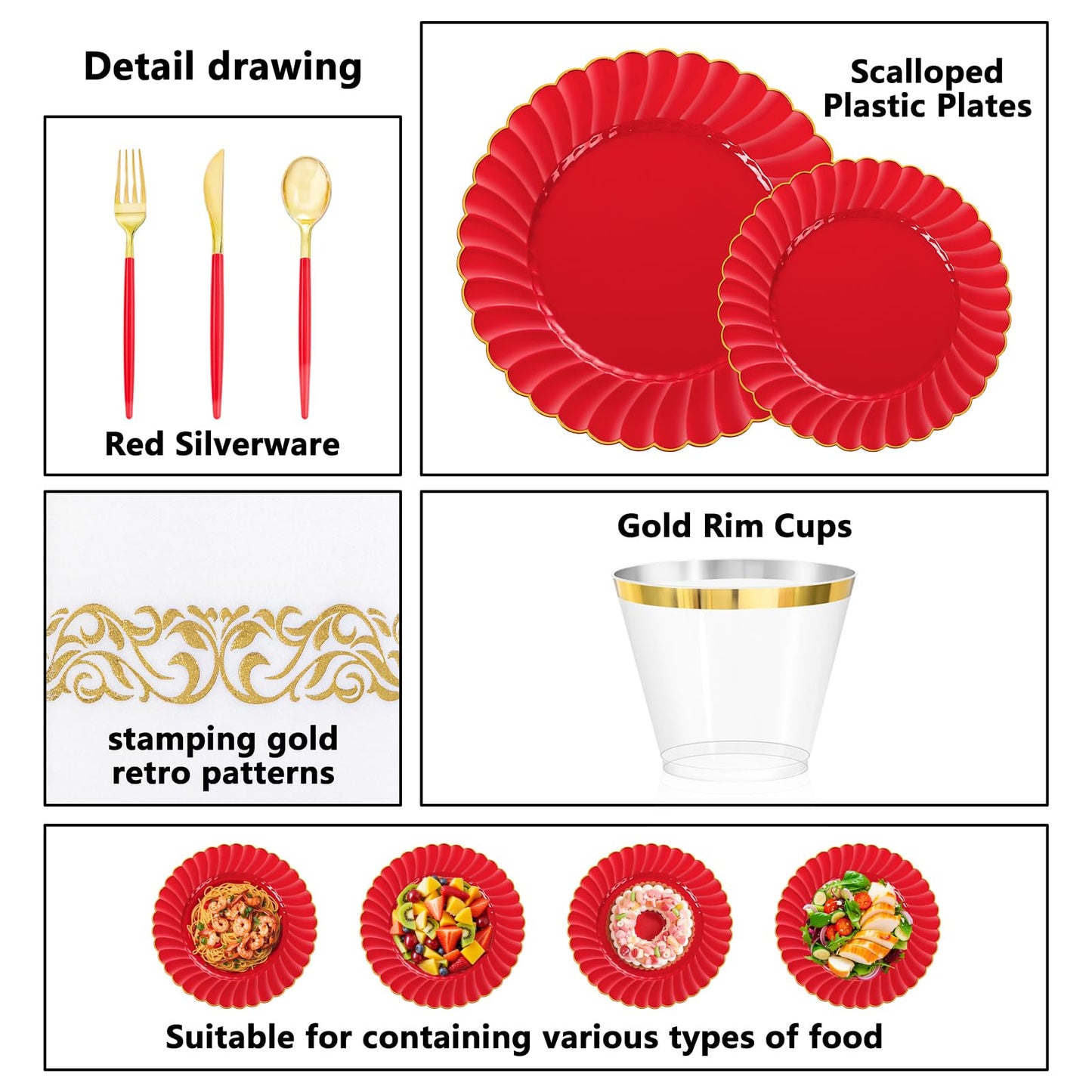 Ciaell 175 PCS Red Scalloped Plastic Plates with Gold Trim - Red Plastic Silverware with Handle - Fancy High-End Dinnerware Sets for Wedding & Party & Mother's Day