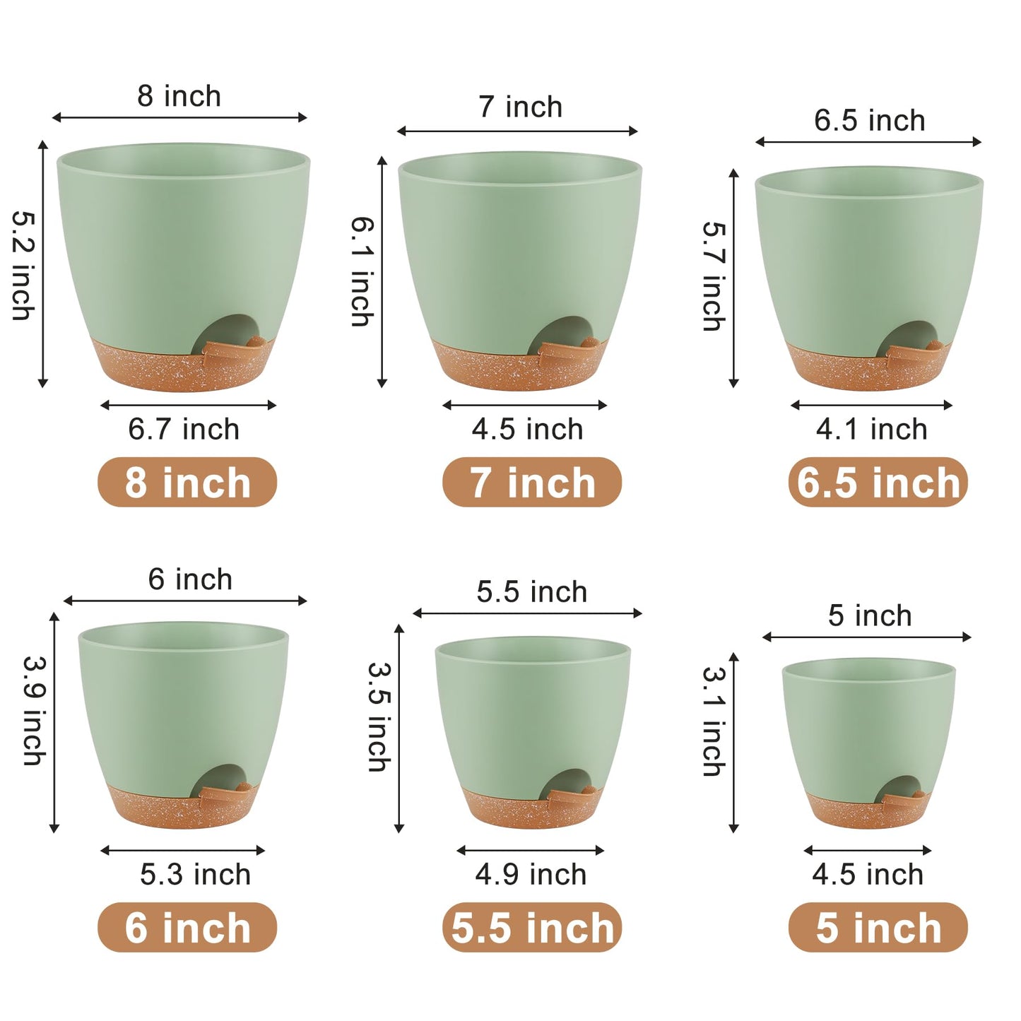 QRRICA Plant Pots 8/7/6.5/6/5.5/5 Inch Self Watering Pots, Set of 6 Plastic Planters with Drainage Holes and Saucers,Plastic Flower Pots,Nursery Planting Pot for Indoor Out Door Plants（Green）