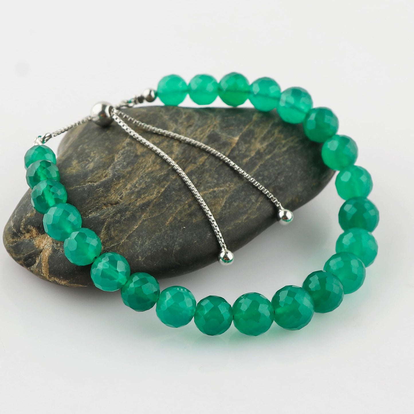 CRYSTALIS Natural Green Onyx Brilliant Round Beads Slider Bracelet, High Grade Beaded Crystals, Chakra Healing Gemstone, Gift Giving Women Jewelry, 925 Sterling Silver Slider 10 inch