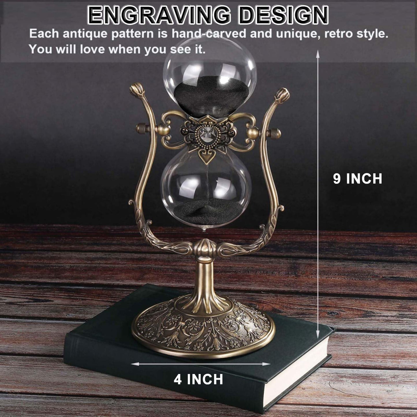 Vintage Engraving 30 Minute Hourglass, Rotating Sand Timer Clock, Unique Metal Sand Watch 30 Min, Antique Brass Hour Glass Sandglass for Home, Desk, Office(Black)