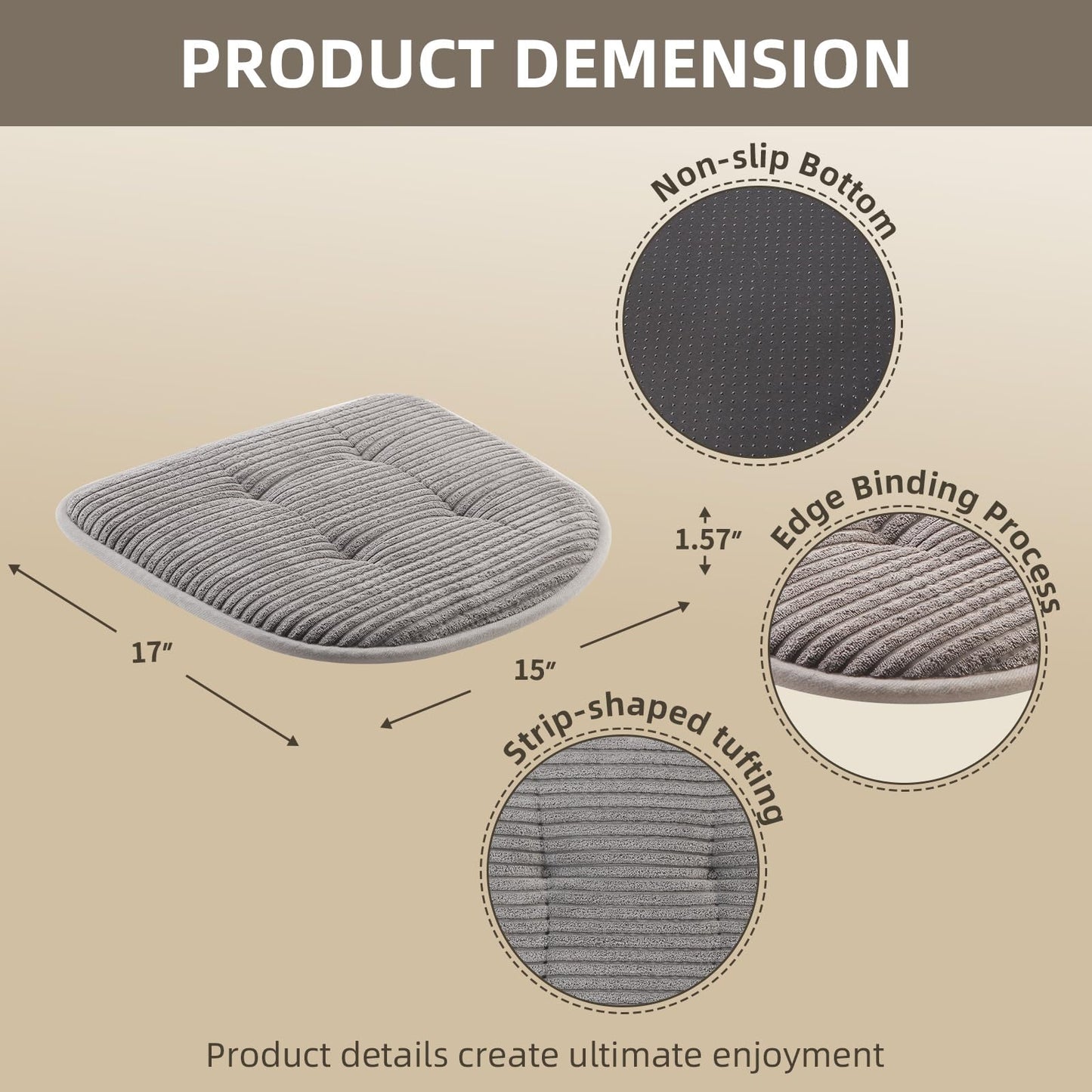 NBHUIYJJ Memory Foam Chair Cushion, U-Shape 17" x 15" Tufted Non-Slip Back Seat Cushion for Dinning Room, Office, Kitchen, 2 Counts, Grey