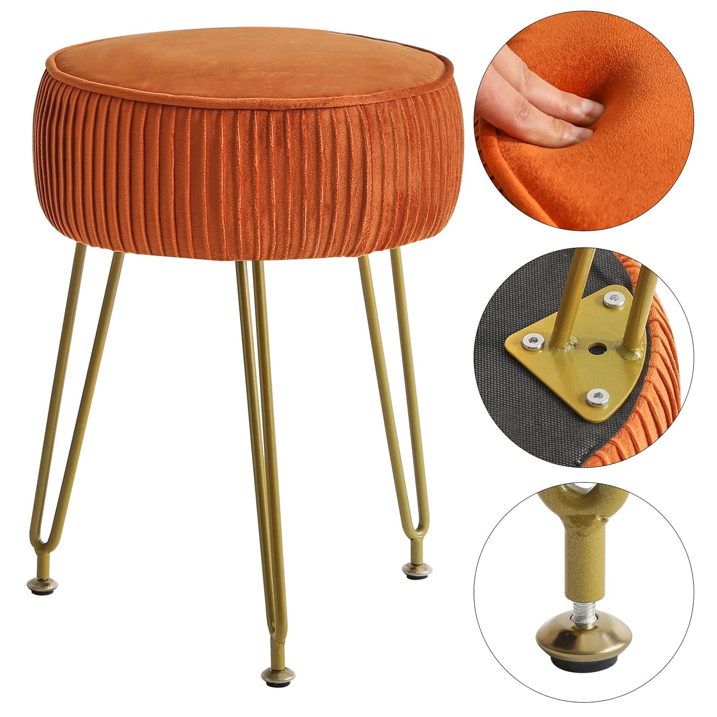 IBUYKE Velvet Round Footrest Stool Ottoman, Makeup Vanity Stool Side Table, Velvet Dressing Table Seat, Pouf Couch Stool, Golden Steel Legs, Orange LG-30J
