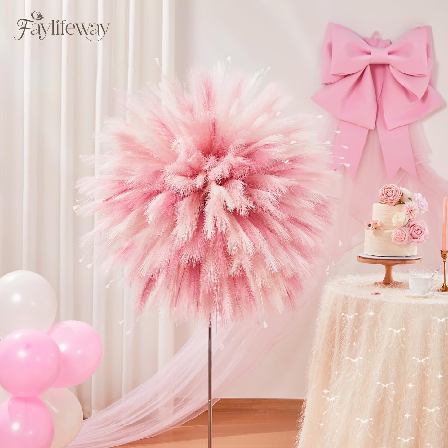 Faylifeway 50pcs Pampas Grass 17in for Living Room Decor, Blush Pink Pampas Grass Decor, Fluffy Pink Flowers for Home Birthday Bathroom Baby Shower Wall Bow Decor(Blush & Cream & Pink)