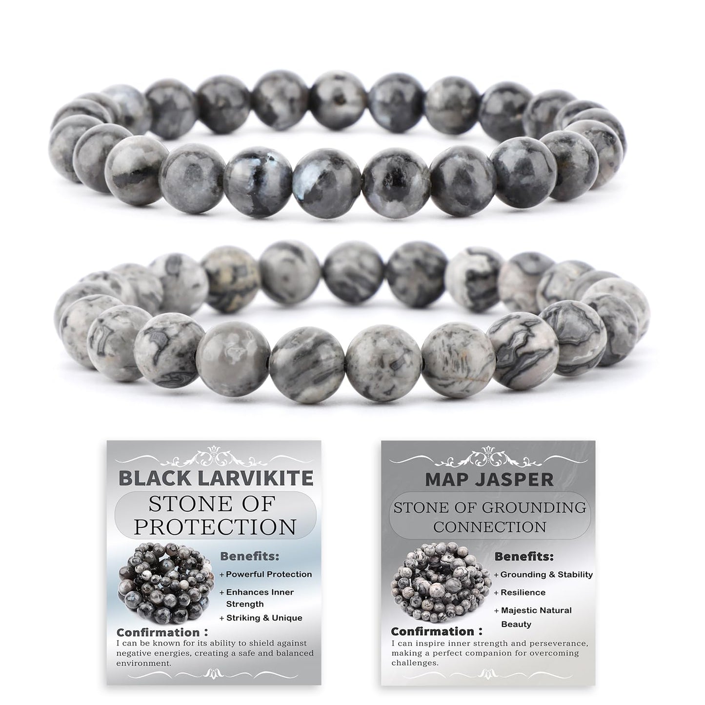 NCB 2-Piece 8mm Natural Crystal Gemstone Stretch Bracelets – ﻿Black Larvikite, Map Jasper Handmade Reiki Energy Healing Jewelry for Meditation,Yoga, Unisex