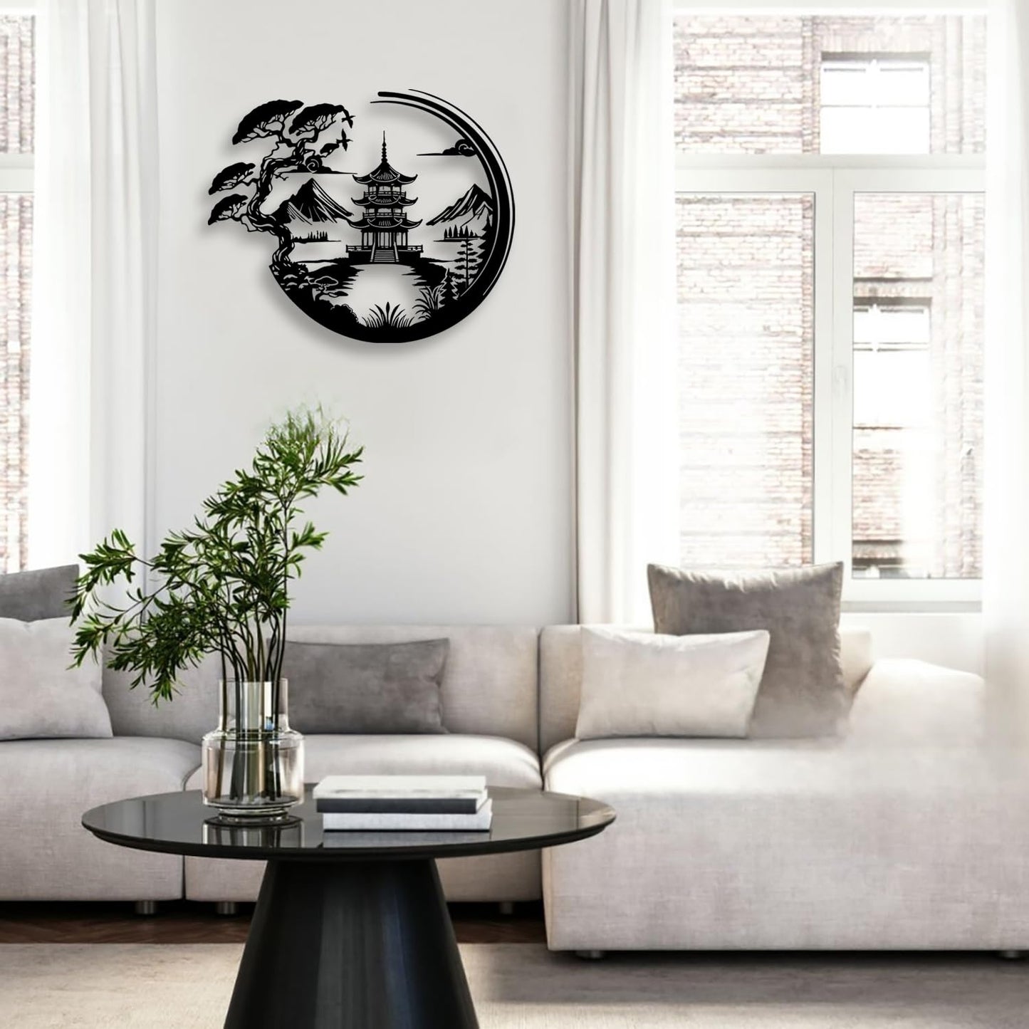 LIYOUYA Bonsai Tree Torii Gate Metal Wall Decor - Japanese Style Room Decor Black Wall Art Home Decor for Living Room, Bedroom, Dining Room (Black)