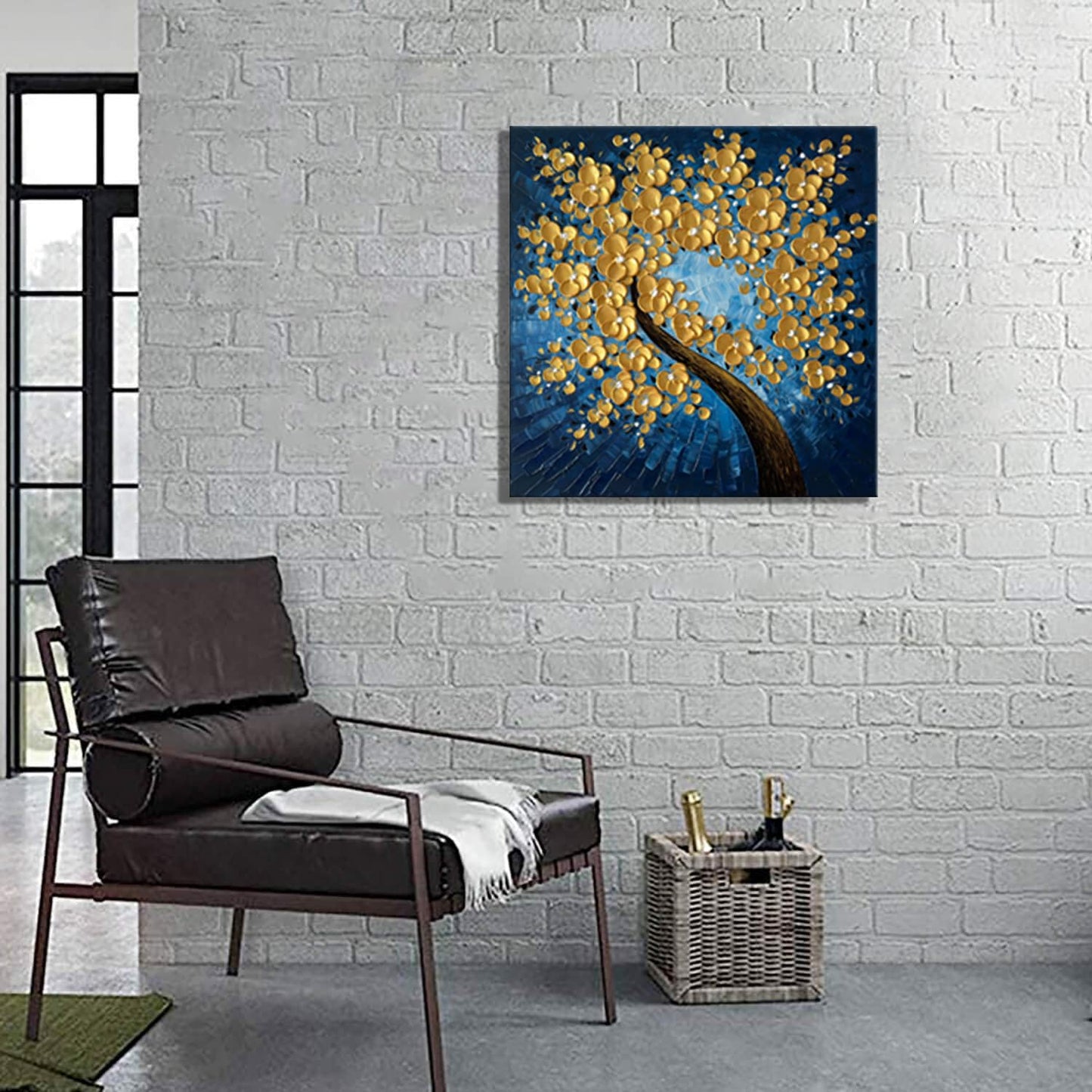 zoinart Hand Paintings 3D Flower Canvas Wall Art 24x24 Inches Abstract Gold Floral Paintings Modern Contemporary Texture Wall Art Tree Blue Artwork for Home Decorations