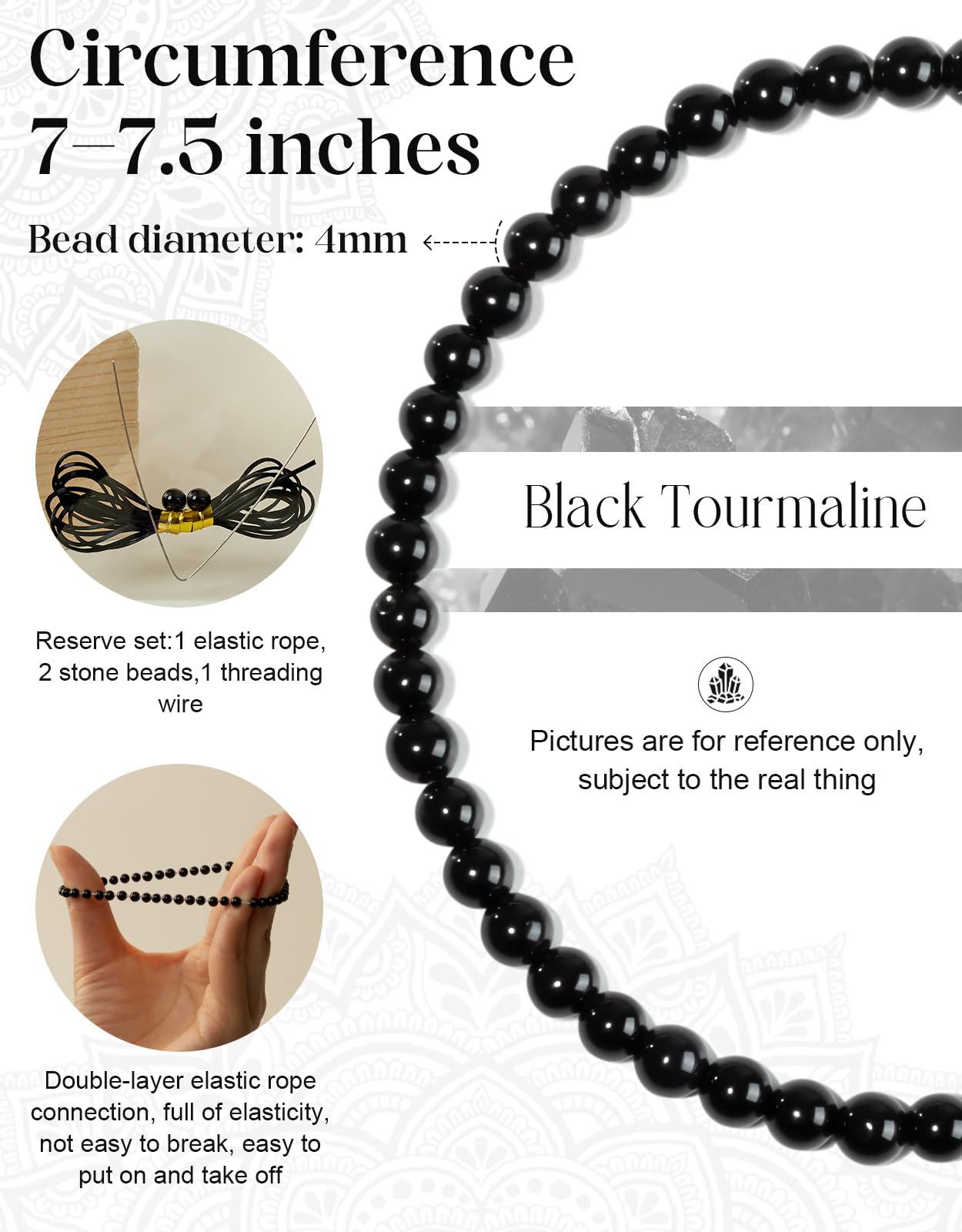 Landorilo Beaded Bracelet for Men Women, 4mm Natural Stone Black Tourmaline Healing Crystal Stretch Bracelets, Ideal Christmas Birthday Jewelry Gifts with Energy Card，Replacement Beads Included