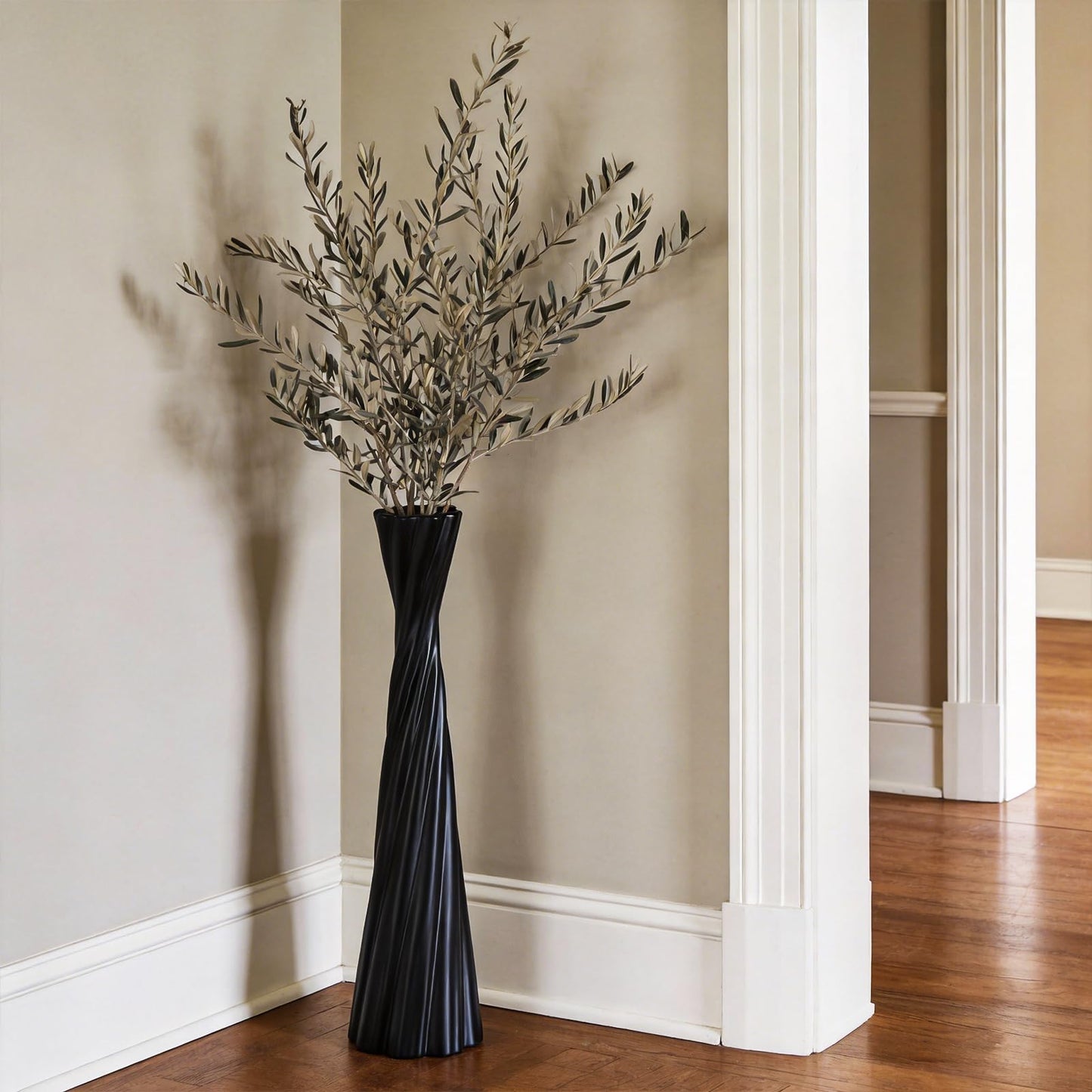Tall Black Floor Vase 23.6″ – Glossy Twisted Resin Decorative Floor Vase for Pampas Grass, Branches & Dried Flowers, Modern Farmhouse Indoor Home Decor