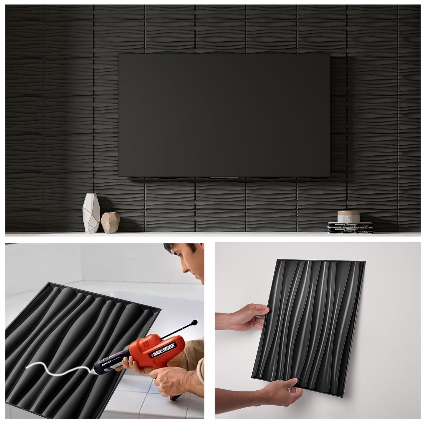 Art3d 24-Pack 3D Wall Panels for Interior Home Décor, PVC Wavy Textured Accent Wall Paneling for Living Room Bedroom TV Backdrop Office, 15.7 x 11.8 Inch - Black