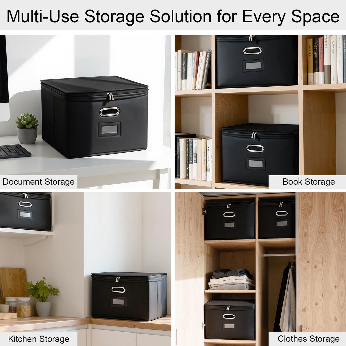 4 Pack File Organizer Boxes with Lids, Collapsible Document Storage Bin with Mesh Pockets & Zipper, Fits Letter/Legal Size Folders for Home Office Moving Classroom Organization (Black, No Folders)