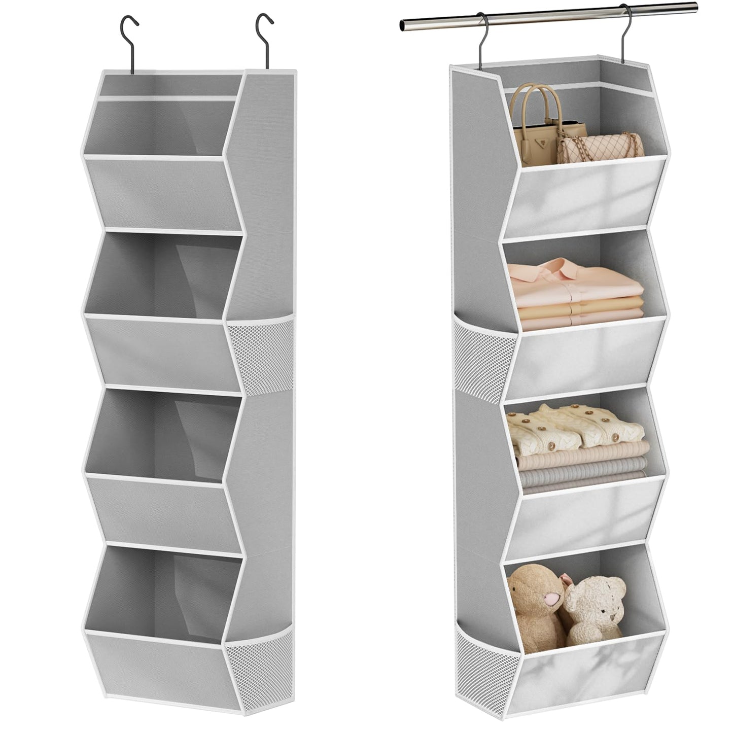 Hanging Closet Organizer 4 Shelf Collapsible Bedroom Closet Organizers and Storage Hanging with Mesh Pockets for Clothes, Fabric Hanging Storage Bins for Wardrobe Closet Organization and Storage, Grey