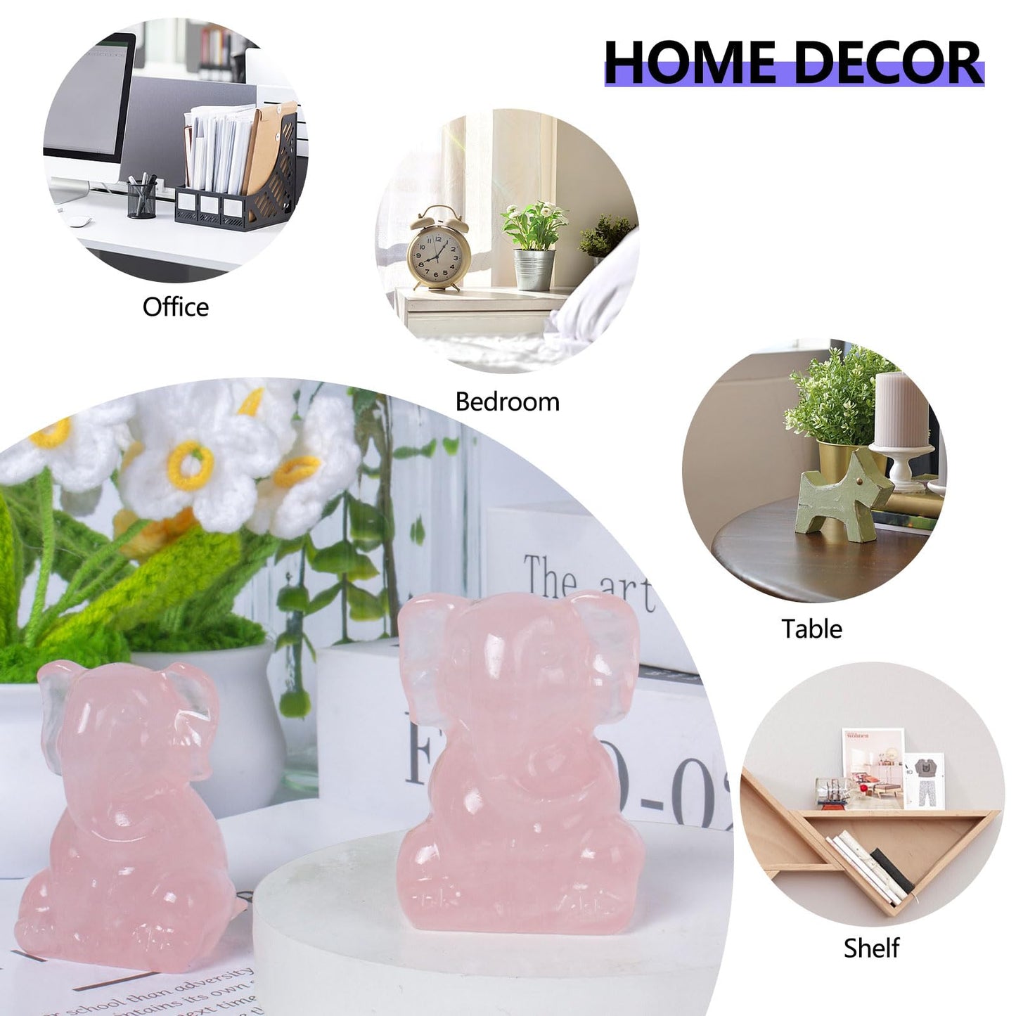 Ytbeoxk 2 Inch Crystal Elephant Decor Statues, Rose Quartz Cute Sitting Elephant Figurines, Reiki Healing Crystal Carved Animal Statues, Home Office Desk Hand Carved Decor Gifts for Women