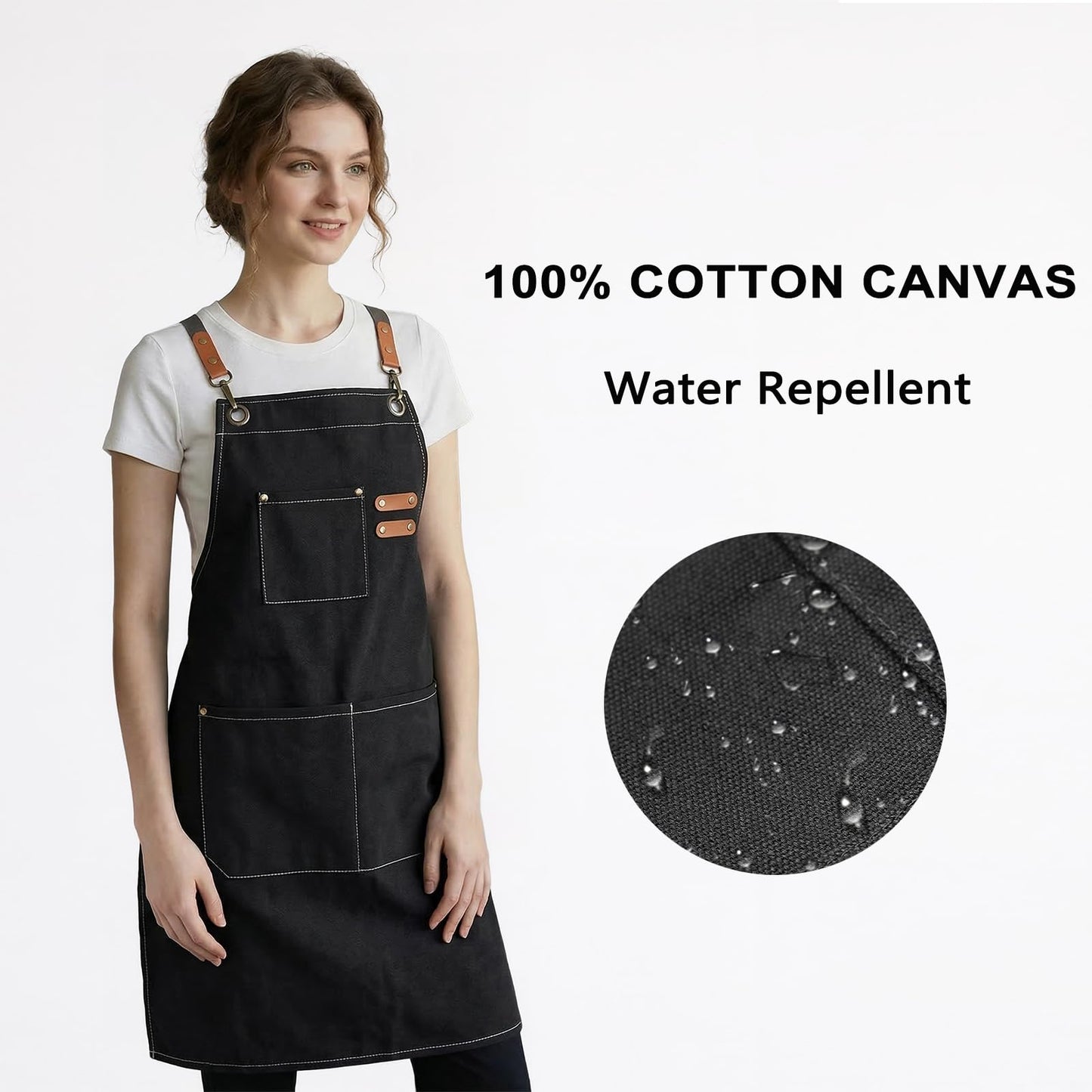 ZOMAO Chef Apron for Women Men with Large Pockets, Cotton Canvas Cross Back Waterproof Work Aprons for Kitchen Cooking Bib (Black)