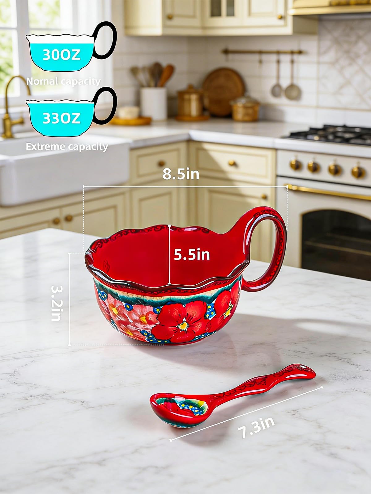 silesia Handmade Ceramic Soup Bowl with Spoon, 30 Oz Hand Painted Bowl with Loop Handle, Floral Design Cereal Bowls for Soup, Ice cream, Snack, Microwave & Dishwasher Safe (Glazed Red)
