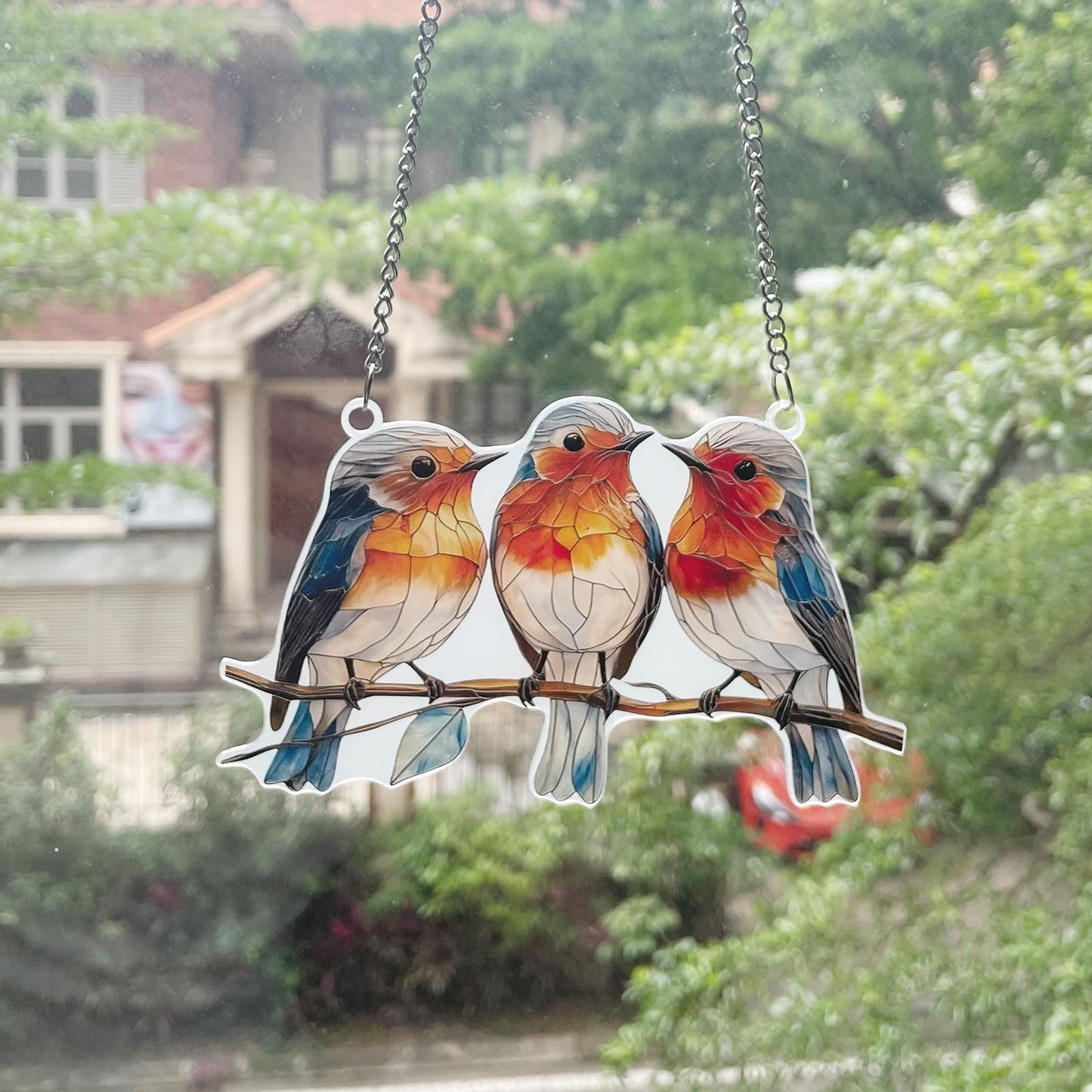 Stained Glass Window Hanging Bird 2D Stain Acrylic Panel Window Hanging Decor Gift for Women Mother's Day Christmas (15CM-Sparrow Bird)