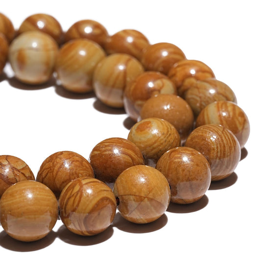 8mm Natural Yellow Woodgrain Jasper Gemstone Beads Polished Round Smooth Stone Beads for Bracelets Jewelry Making 15inch Loose Beads