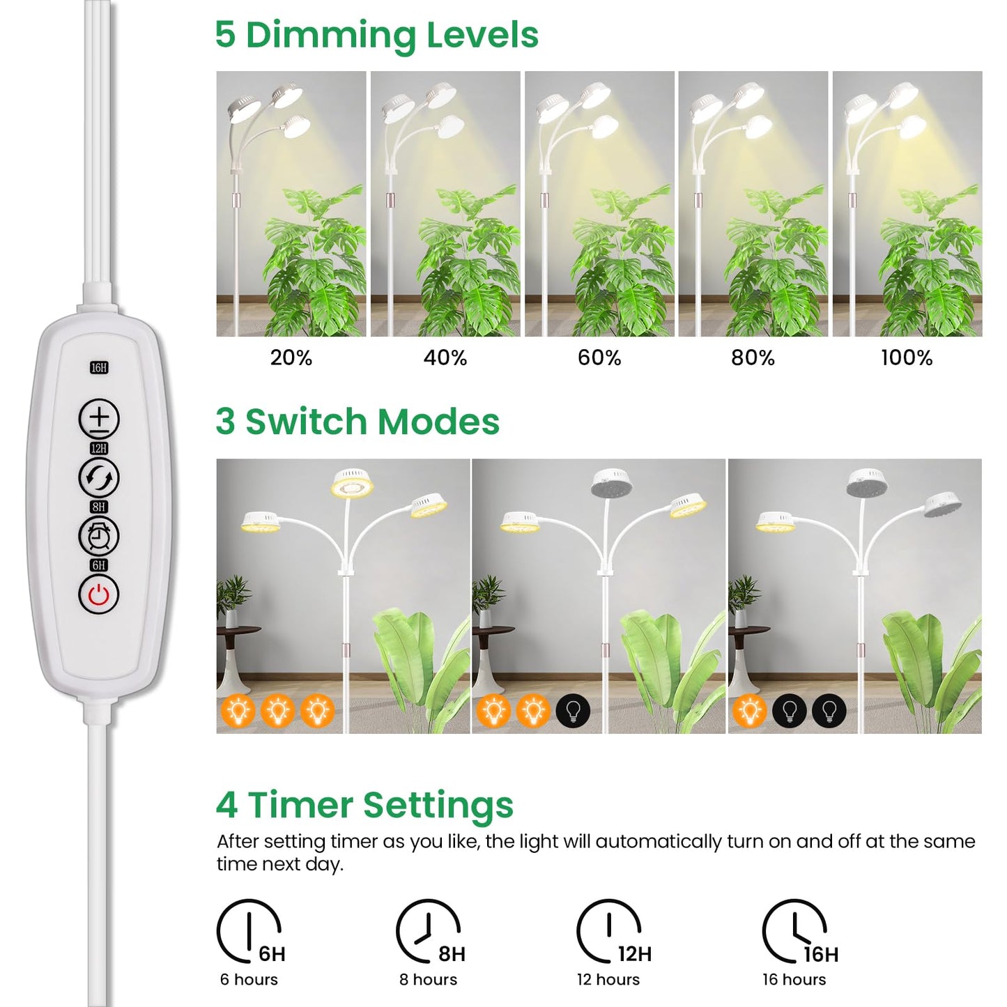 LORDEM Full Spectrum Plant Light for Indoor Growing,Tri-Head Grow Light with Stand for Large Plants,Auto ON/Off Timer 6/8/12/16H, 5 Dimmable Levels, 20-70 inches Adjustable Height