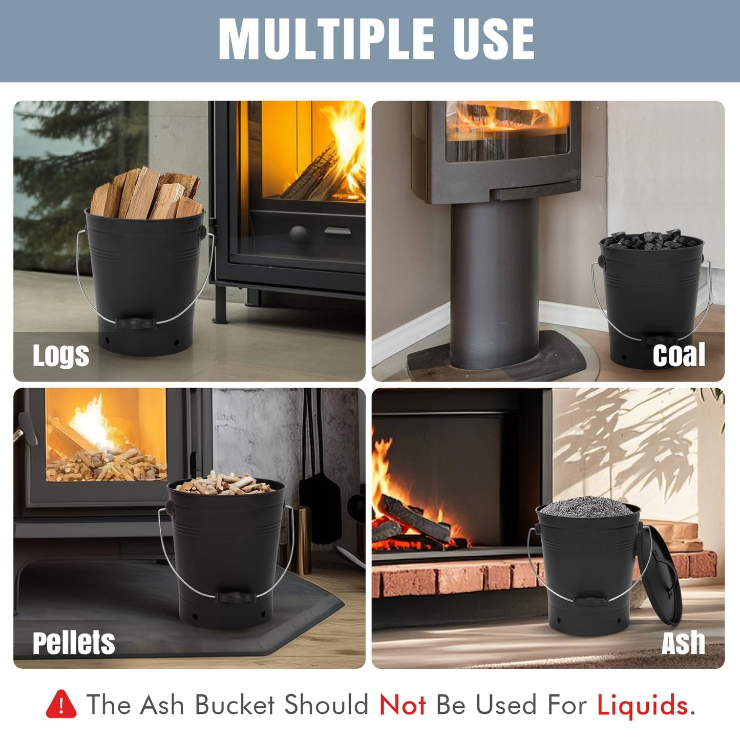 INNO STAGE Ash Bucket with Lid and Wood Handle Coal Shovel, Ash Carrier Pail Fireplace Tools,Fire Pit,Wood Burning Stove Black