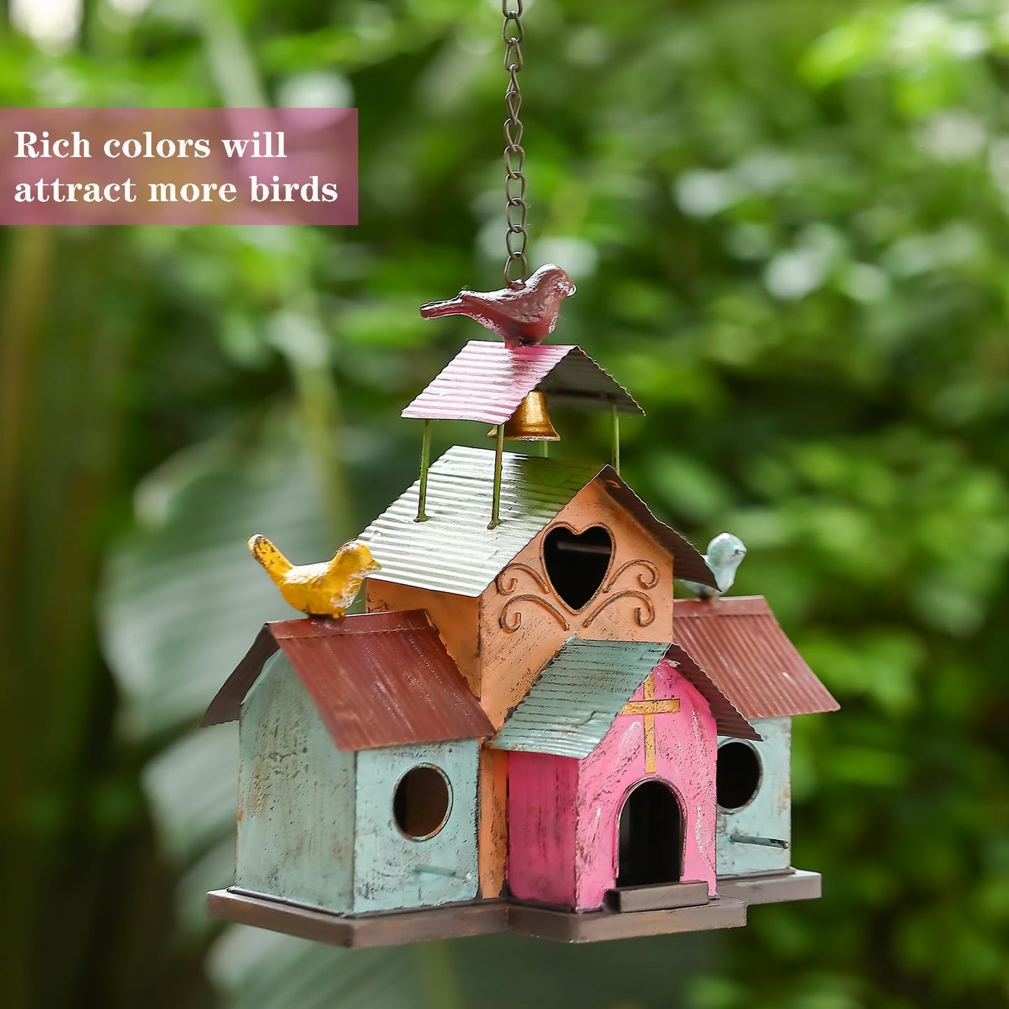 MOCOME Large Bird Houses for Outside Hanging, 4 Hole Outdoor Bird House with Bell, Easy Clear, Colorful Metal Bird Houses for Outside.
