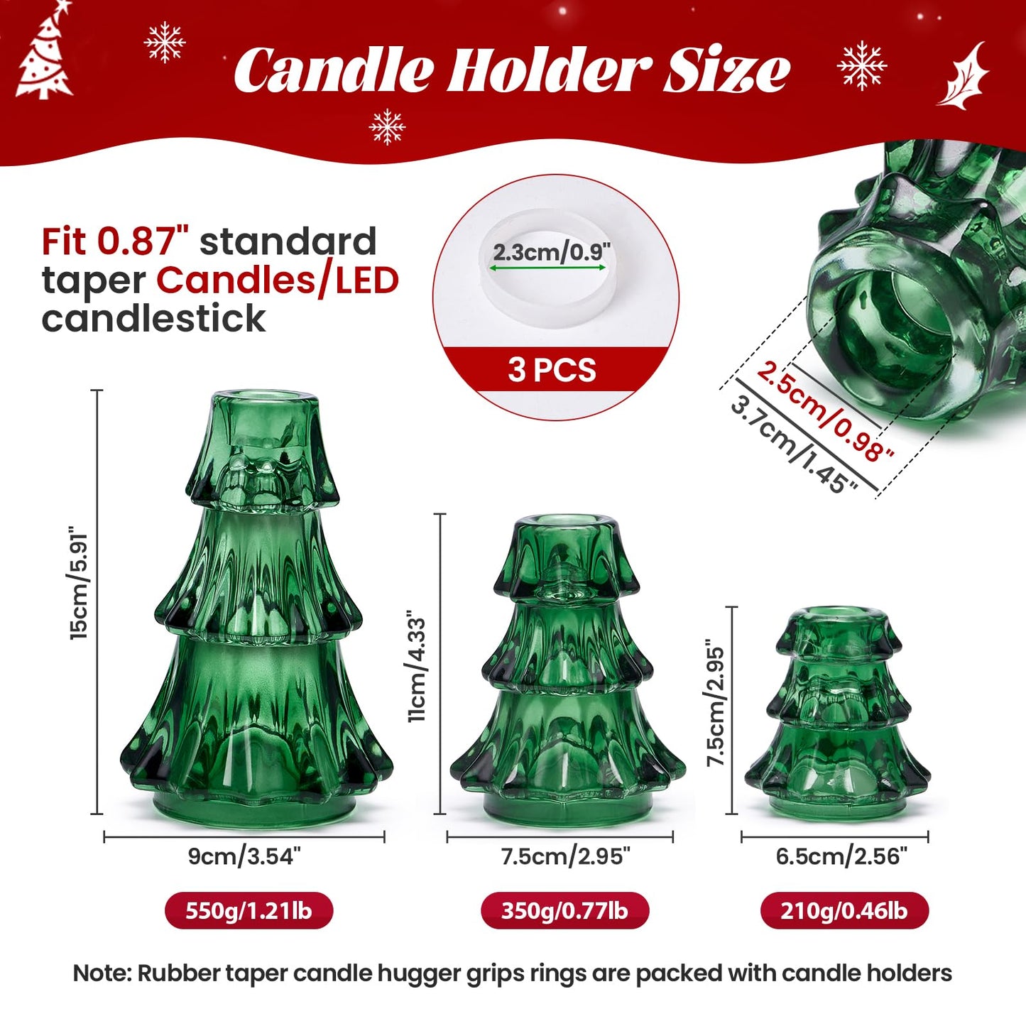 CHILL RECIPE Christmas Tree Candle Holders Xmas Glass Taper Candlestick Holders Thickened with Rubber Candle Grippers for Decoration Table Centerpiece Dinner Party Home Decor(Green 3Pcs &Box)
