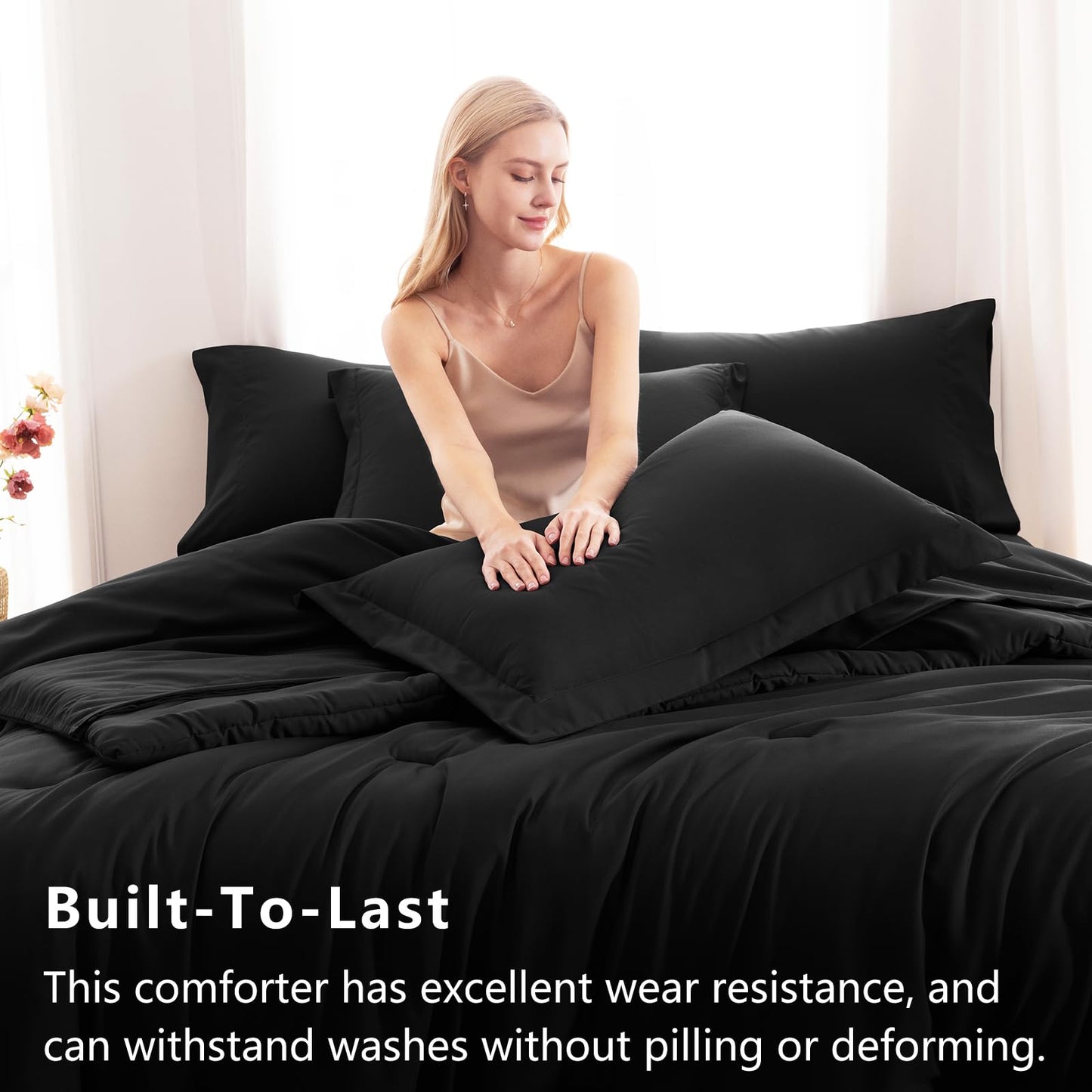 CozyLux Queen Comforter Set Black, 7 Pieces Bed in a Bag Soft Bedding Comforter Set with Sheets, All Season Boho 7PC Bed Sets with Comforter, Fitted Sheets, Flat Sheets, Pillow Shams and Pillowcases