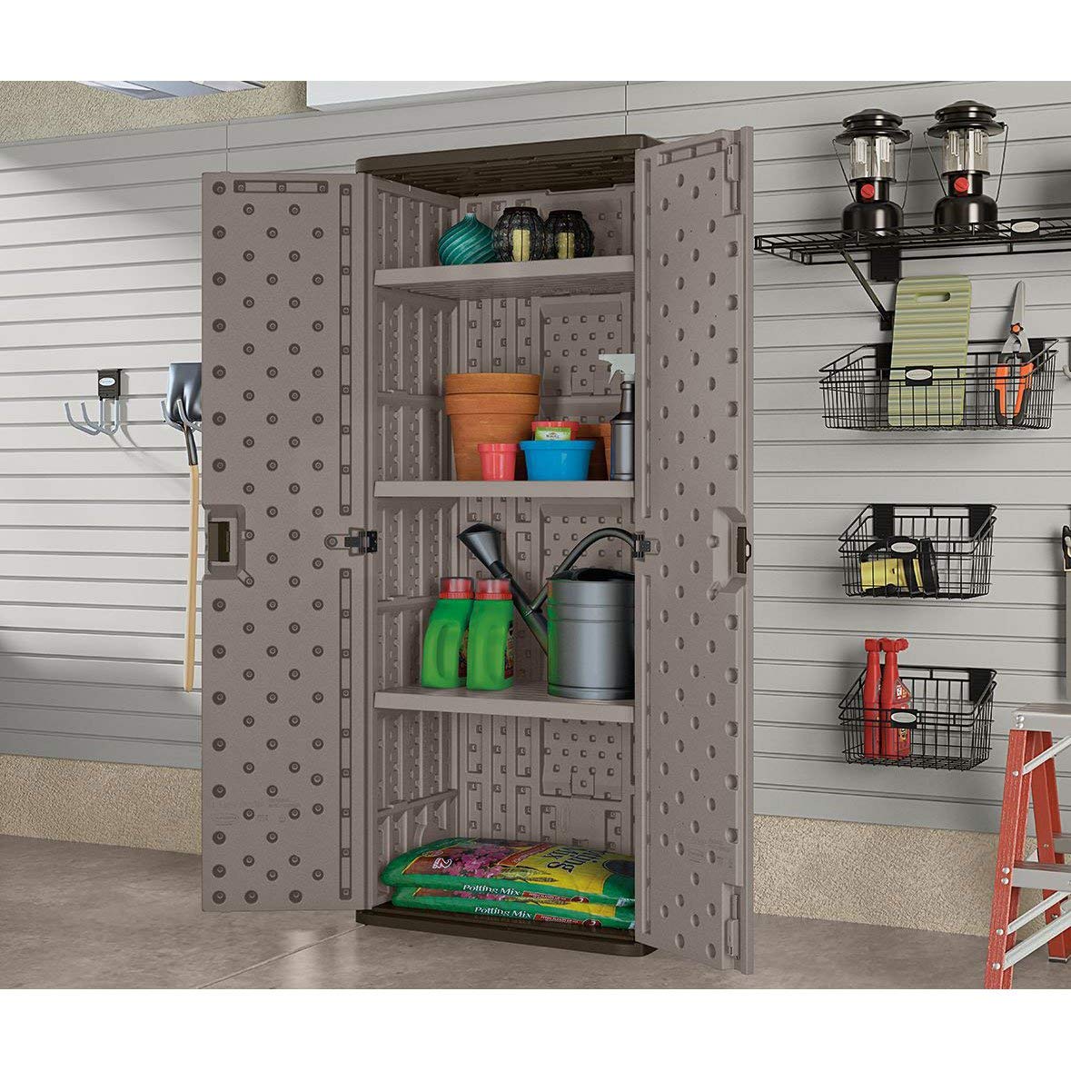 Suncast Tall Storage Cabinet, Platinum Resin Garage Storage Cabinet with Doors & Shelves, Plastic, Lockable, Freestanding Utility Closet for Tools & Supplies, Made in USA