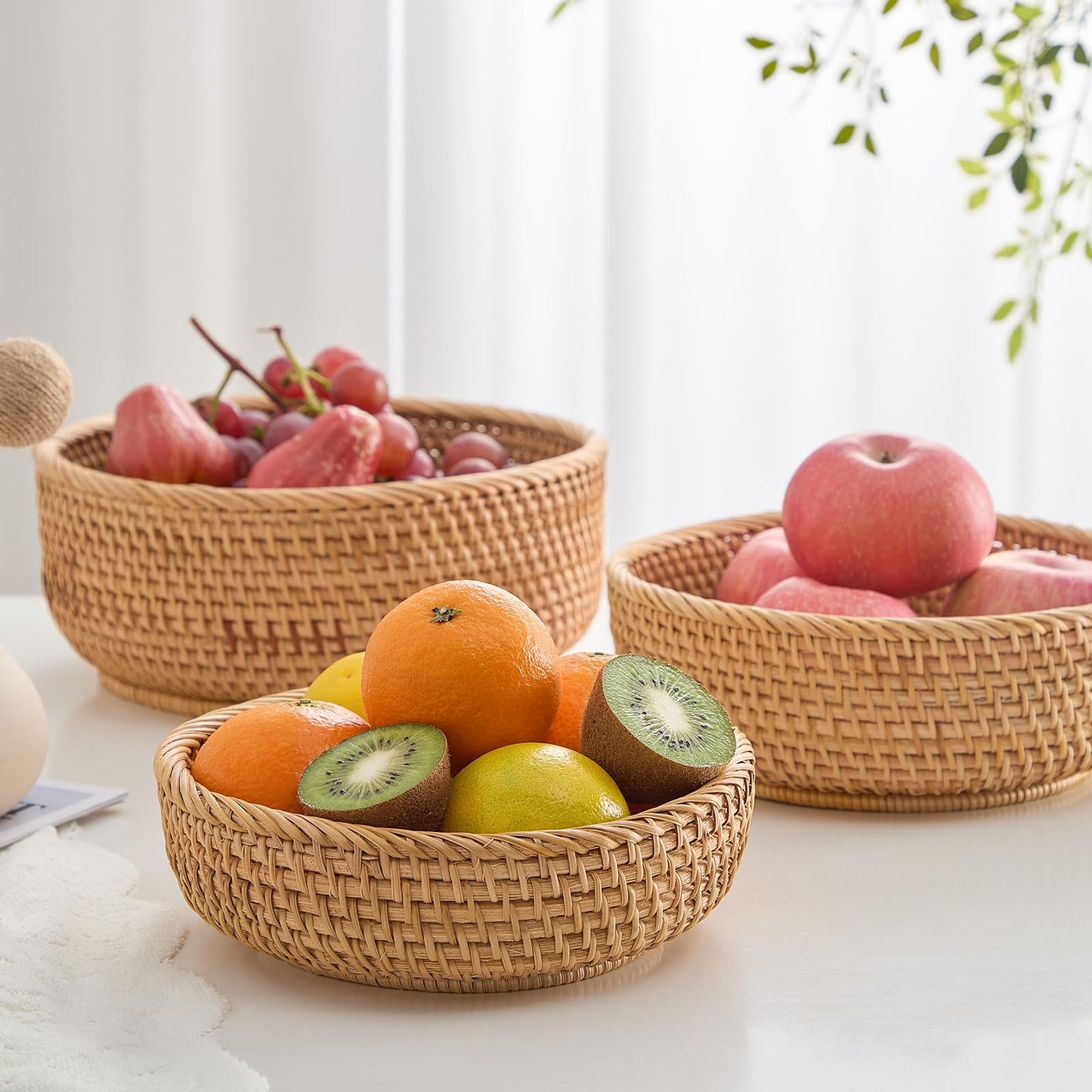 Hand-Woven Stackable Rattan Basket, Set of 3, Fruit Bread Serving Bowls, for Farmhouse Kitchen Storage & Decor