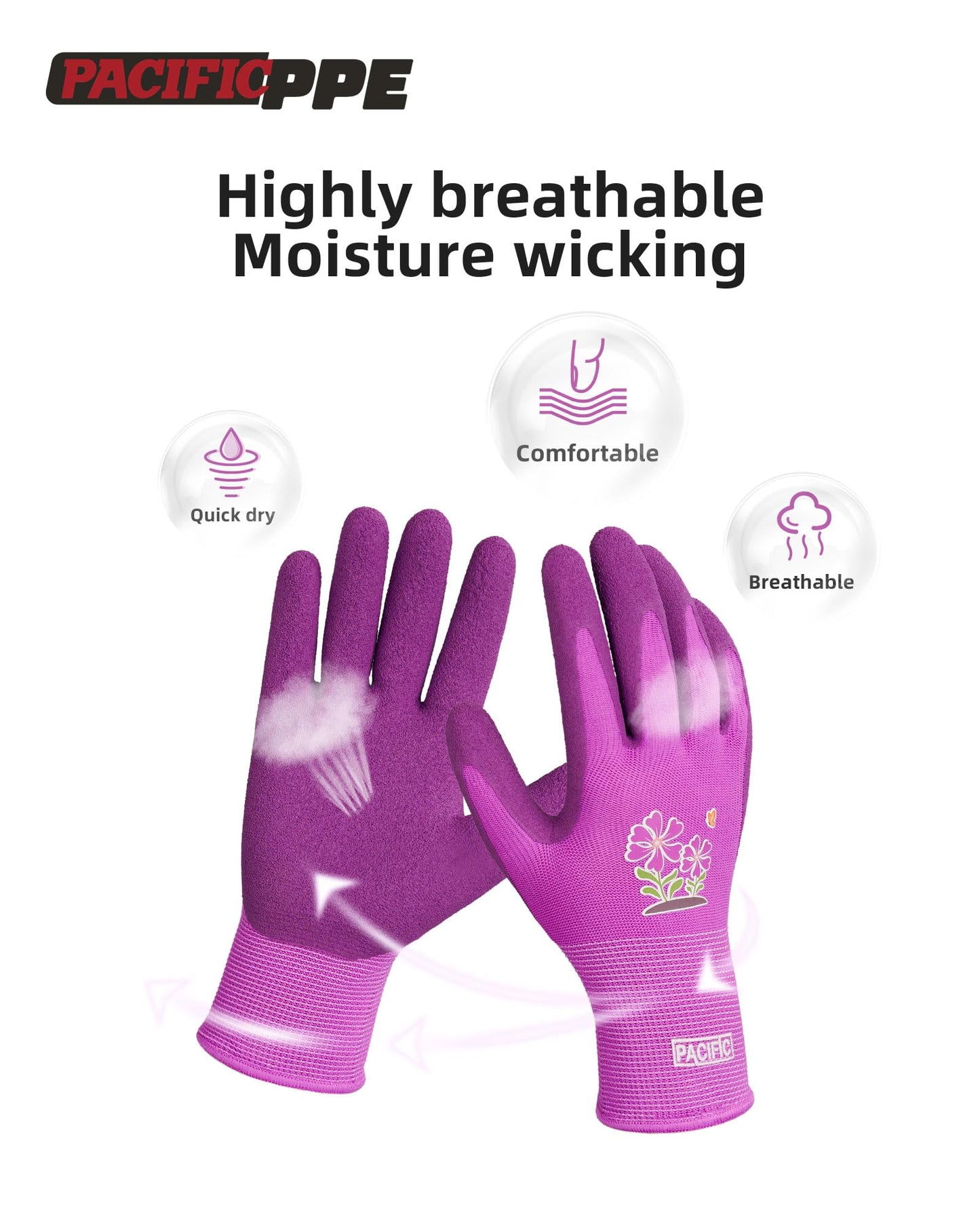 PACIFIC PPE 3 Pairs Gardening Gloves for women, Rubber Coated Garden Gloves, Ladies Yard Work Gloves, Breathable, Purple, Medium