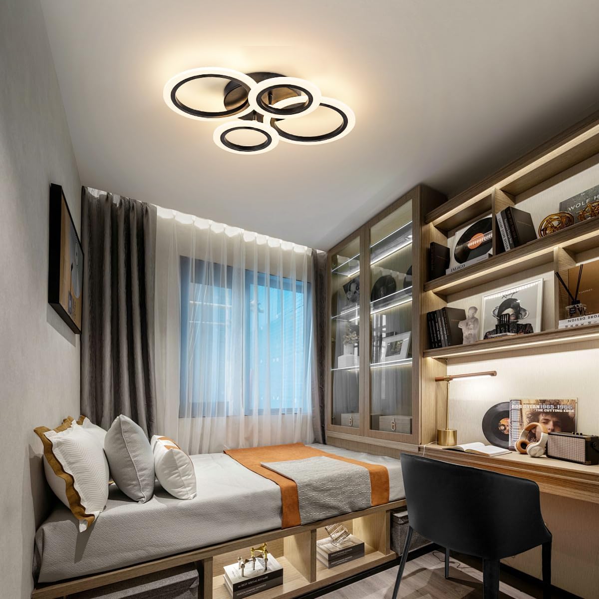 Shine LUEST 34W Modern LED Ceiling Light, 3000K-6000K Dimmable Ceiling Lighting Fixtures Ceiling Mount 4 Rings Black LED Chandelier Bedroom Lights Flush Mount with Remote for Kitchen, 2720LM