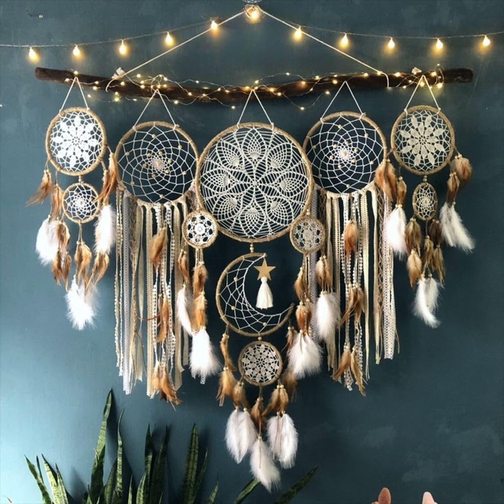 5 Pack Moon Phase Dreamcatcher Set Boho Wall Decor for Witchy Gifts,Macrame Decor with Feathers Hanging for Home, Bedroom, Living Room (Camel)