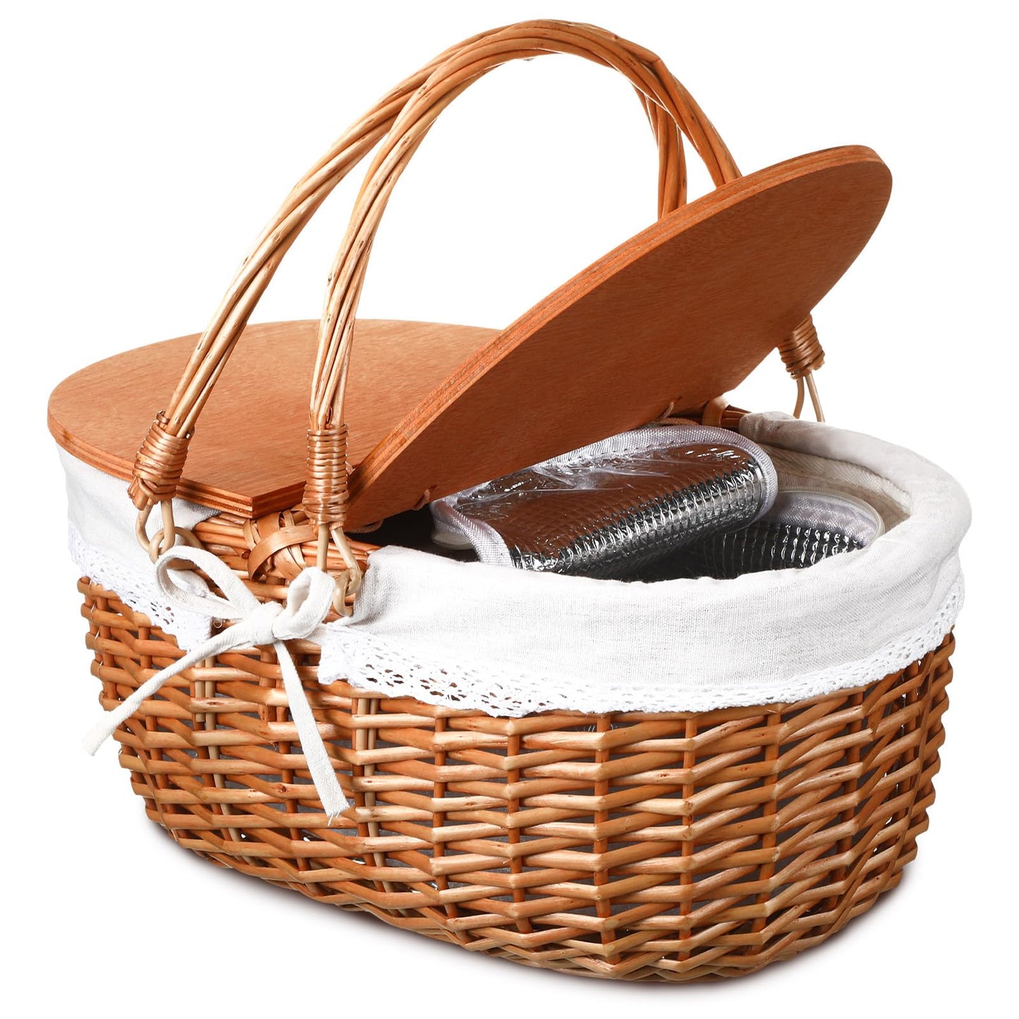 DoubleFill Wicker Insulated Picnic Basket with Lid Wicker Picnic Basket with Folding Handles and Insulated Cooler Bag for Camping Outdoor Easter Valentine Birthday Gift(White)
