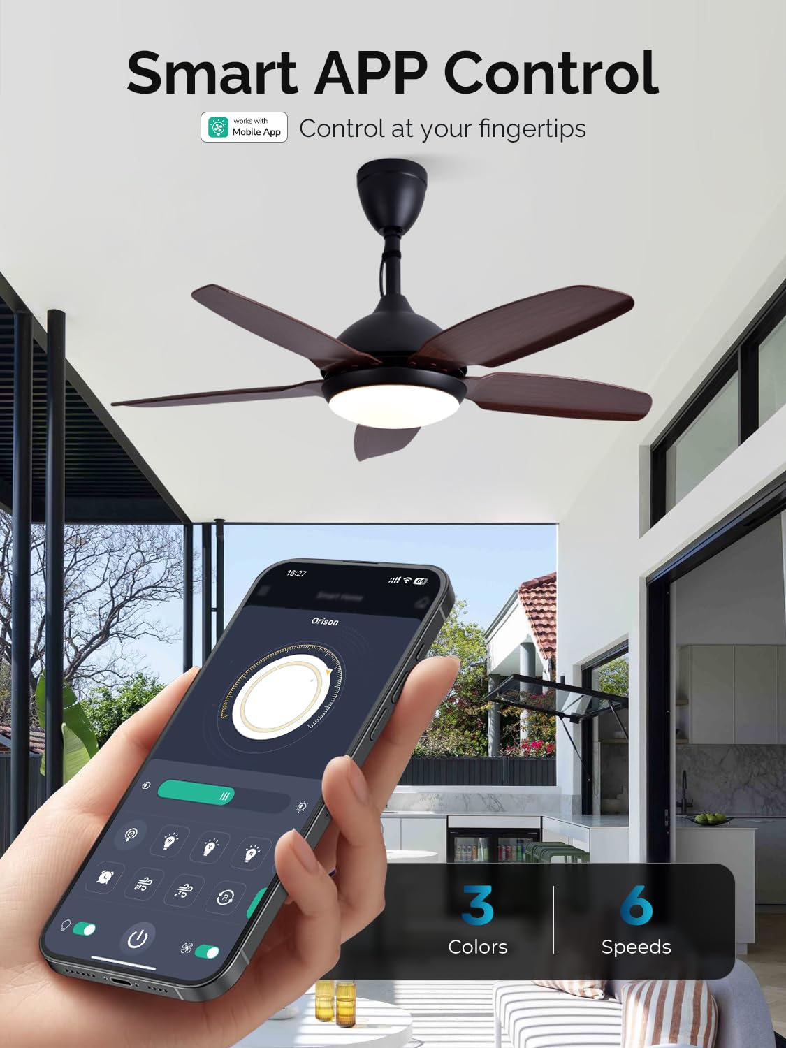 Orison 42" Plug-in Outdoor Ceiling Fan with Light, 5-Blade Hanging Patio Fan for Gazebo Porch, IP44 Waterproof, Quiet DC Motor, 6-Speed, App & Remote Control, Dimmable LED, Reversible, Wood