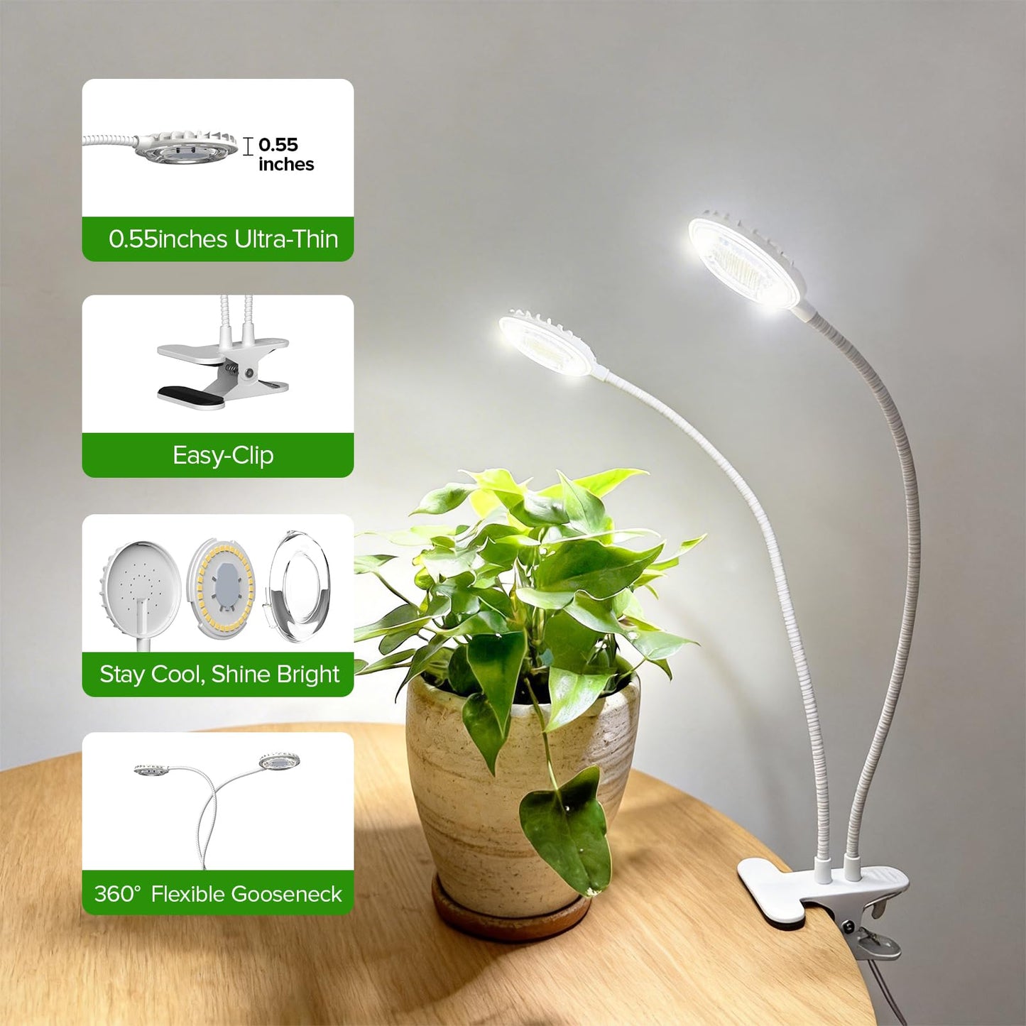 Dual Head Clip Plant Grow Light with Timer, 22W Full Spectrum Adjustable Light, 3/6/12H Auto On/Off, 10 Dimmable Levels, Flexible Gooseneck for Indoor Plants