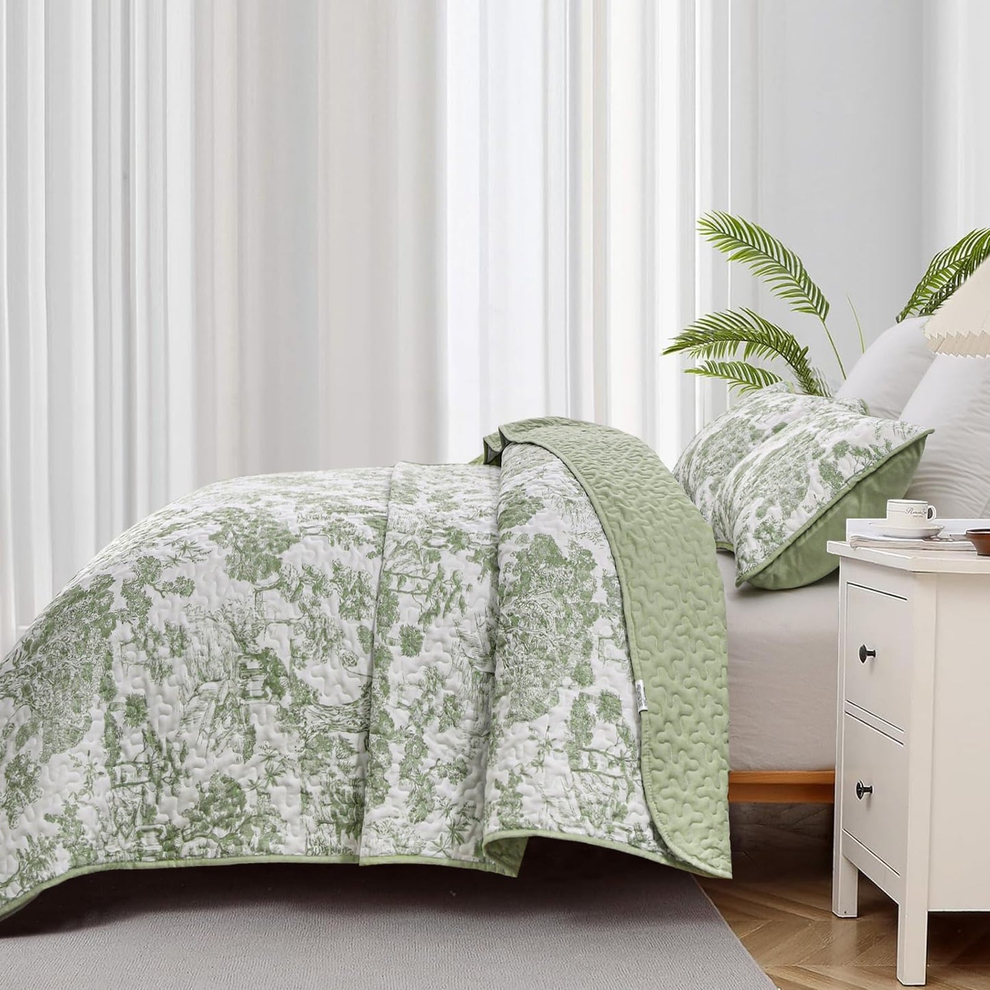 WONGS BEDDING Botanical Quilt Set Queen Size, Sage Green 3 Pieces Toile Floral Plants Printed Bedspread Bedding Set Soft Lightweight Microfiber Coverlet Set for All Season (96"x90")