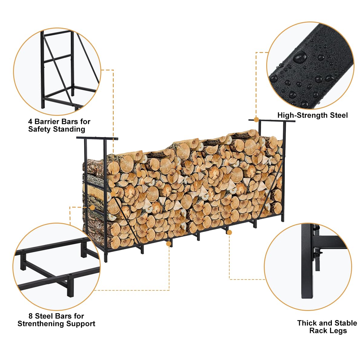Vailge Firewood Rack Outdoor 8FT with Waterproof Firewood Carrier Bag, Adjustable Heavy Duty Steel Firewood Holder Storage, Log Rack for Fireplace, Fire Pit, Backyard, Camping