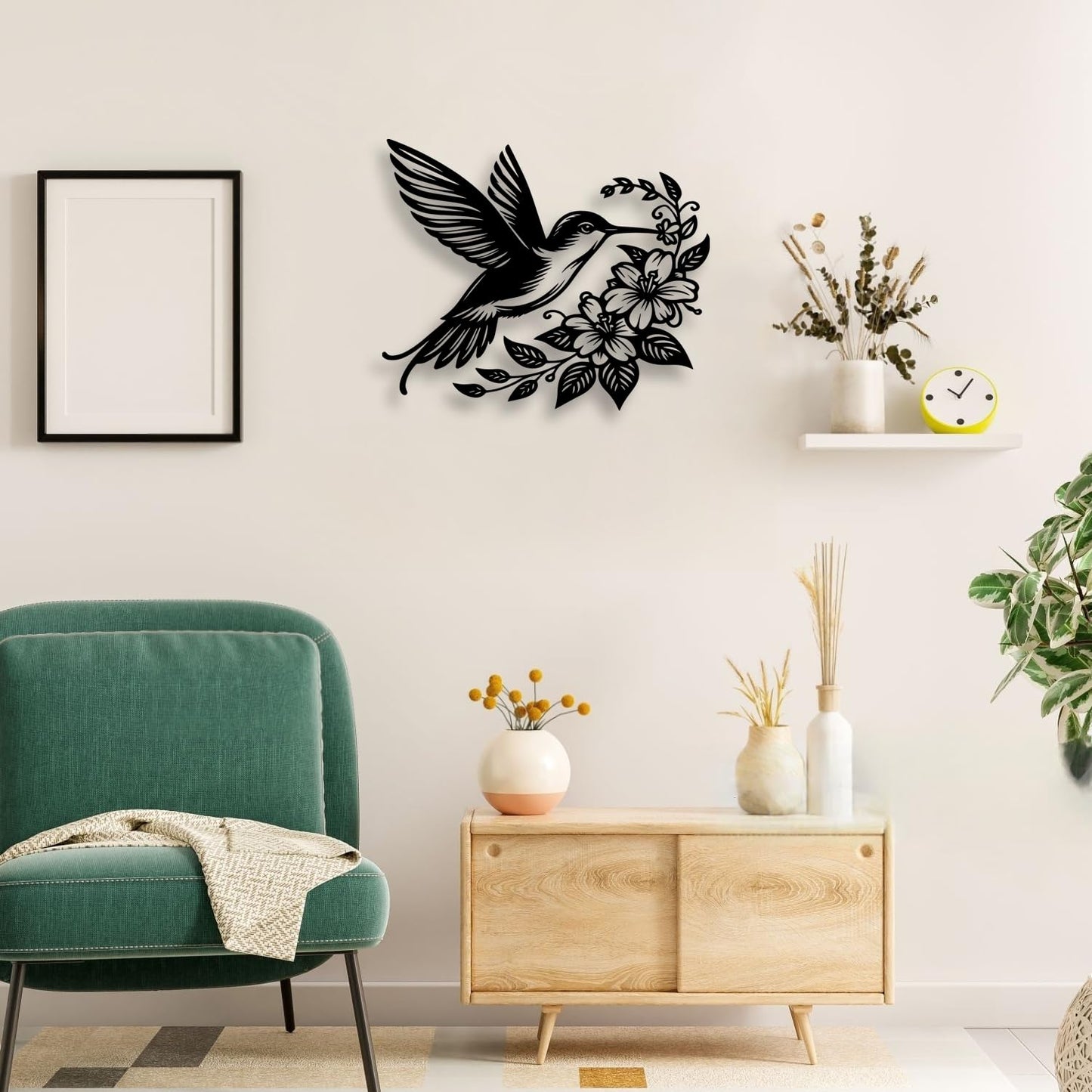 LIYOUYA Hummingbird Flower Metal Wall Decor - Rustic Farmhouse Room Decor Black Wall Art Home Decor for Living Room, Dining Room, Courtyard (Black)